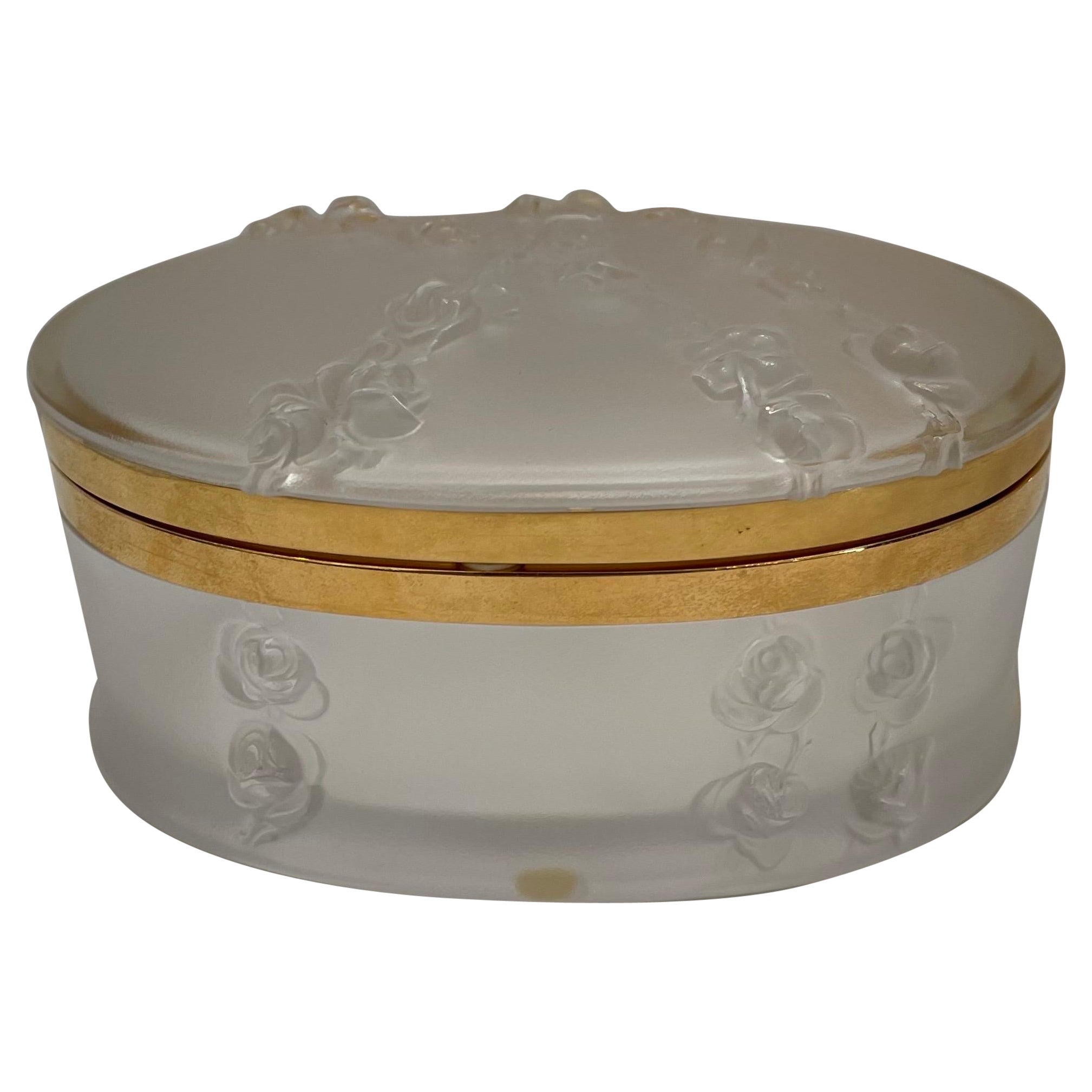 Wonderful French Lalique Coppelia Crystal Rose Garland Brass Dresser Jewelry Box For Sale