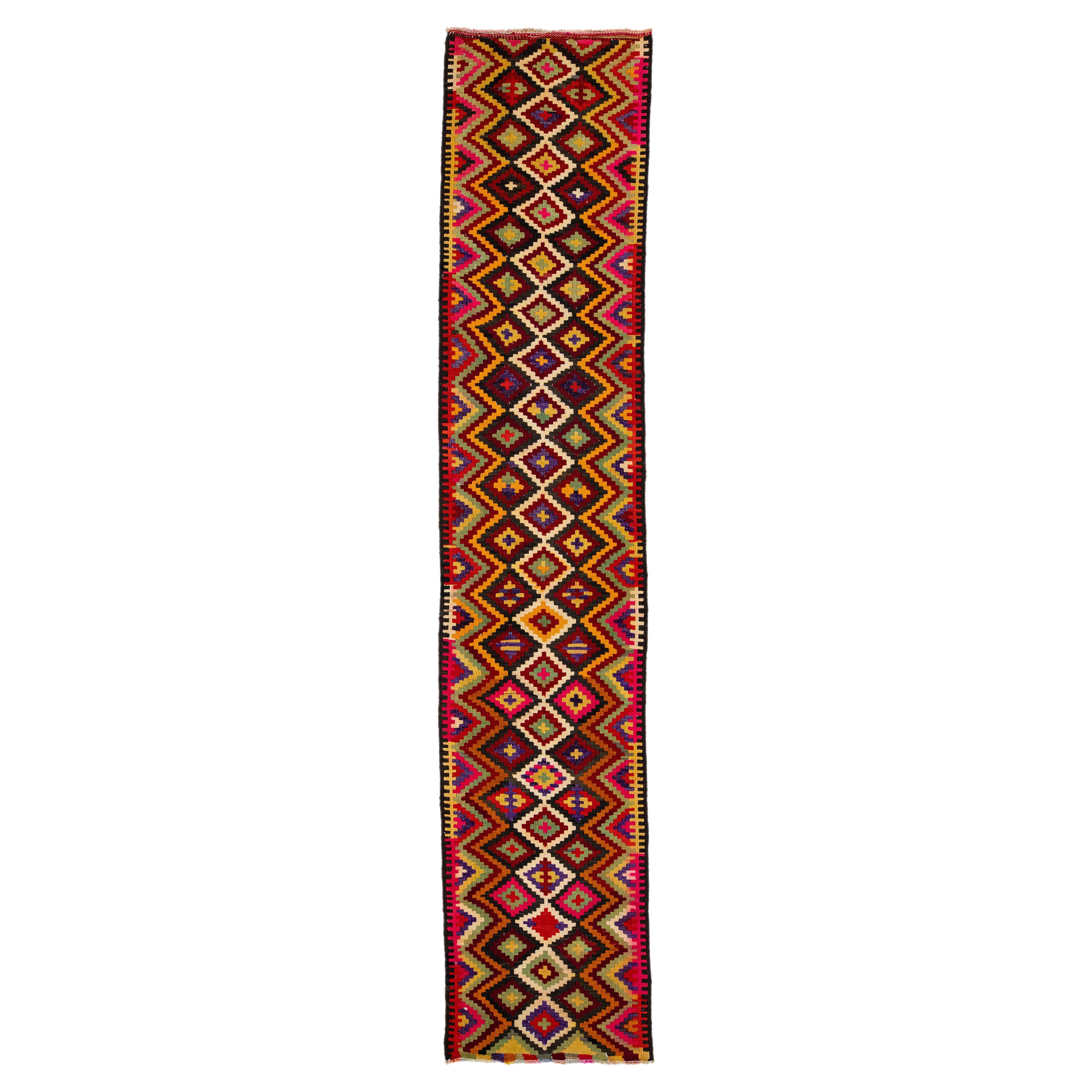 Multicolor Geometric Flatweave Wool Rug Turkish Kilim  For Sale