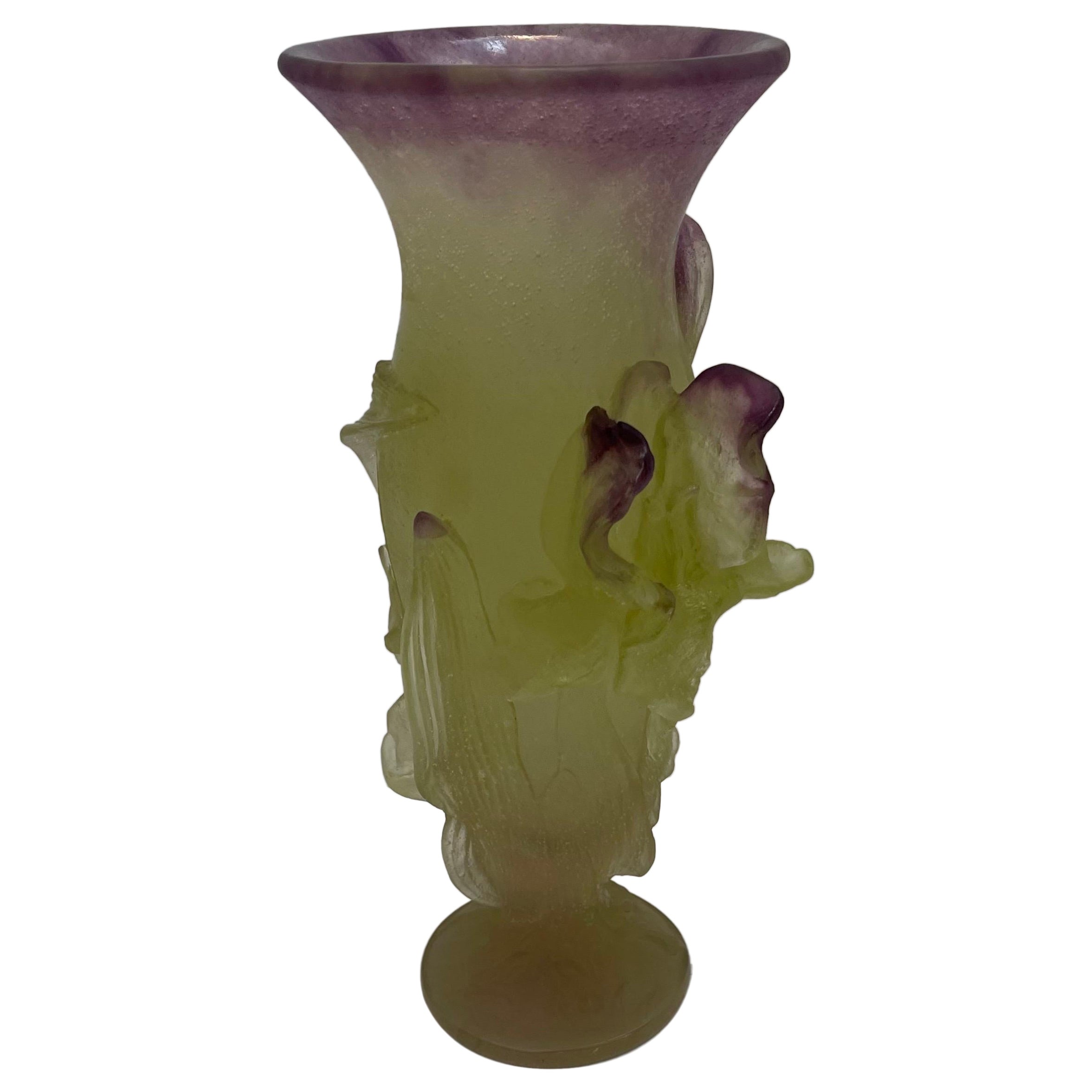  Wonderful Daum France Crystal "Pate De Verre" Large Art Glass Iris Flower Vase For Sale