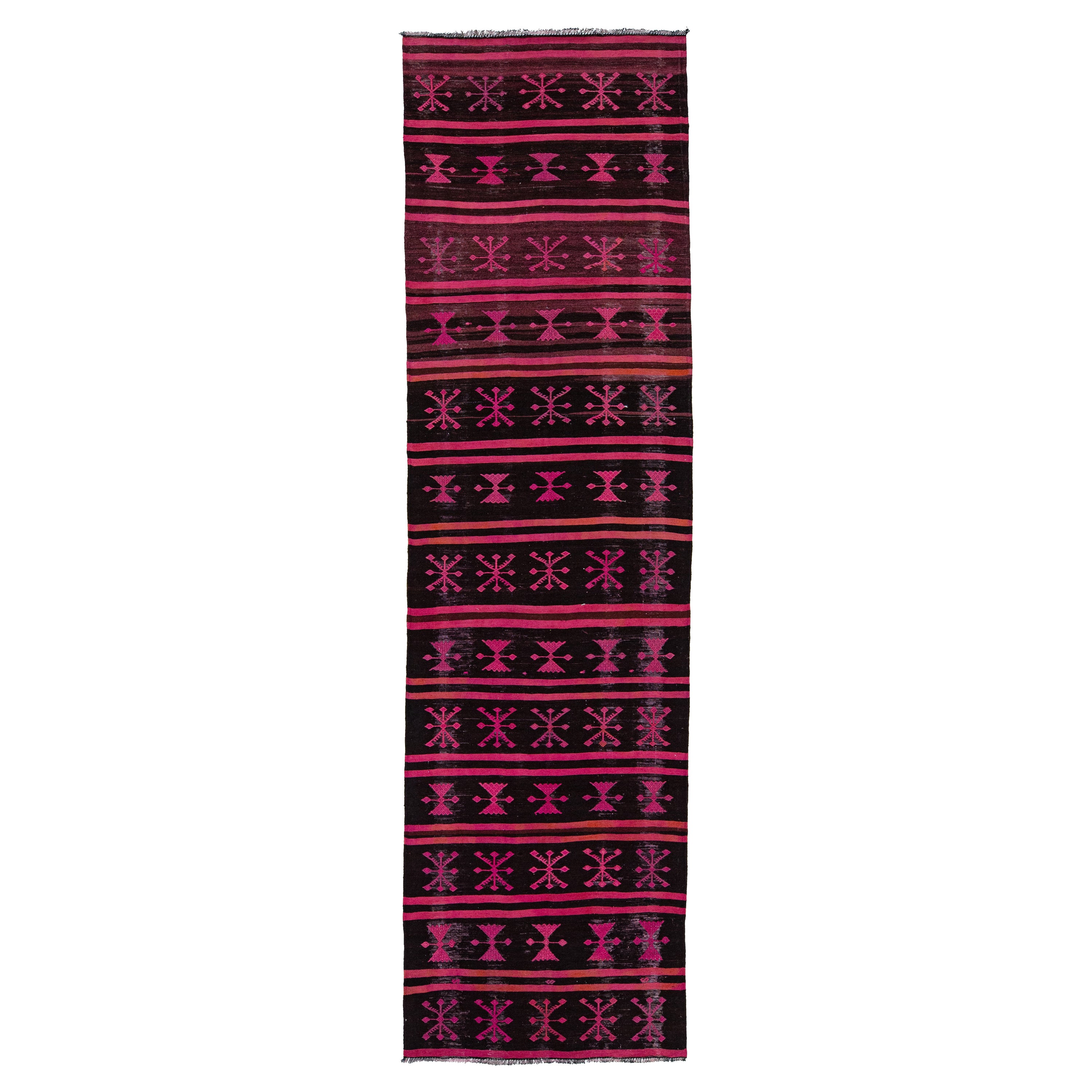 Vintage Flatweave Kilim Wool Rug Geometric In Pink and Brown Color  