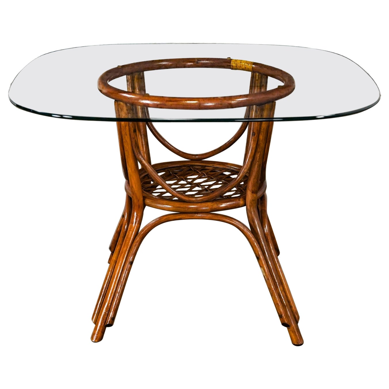 Coastal Island Style or Hollywood Regency Rattan Glass Top Dining or Game Table For Sale