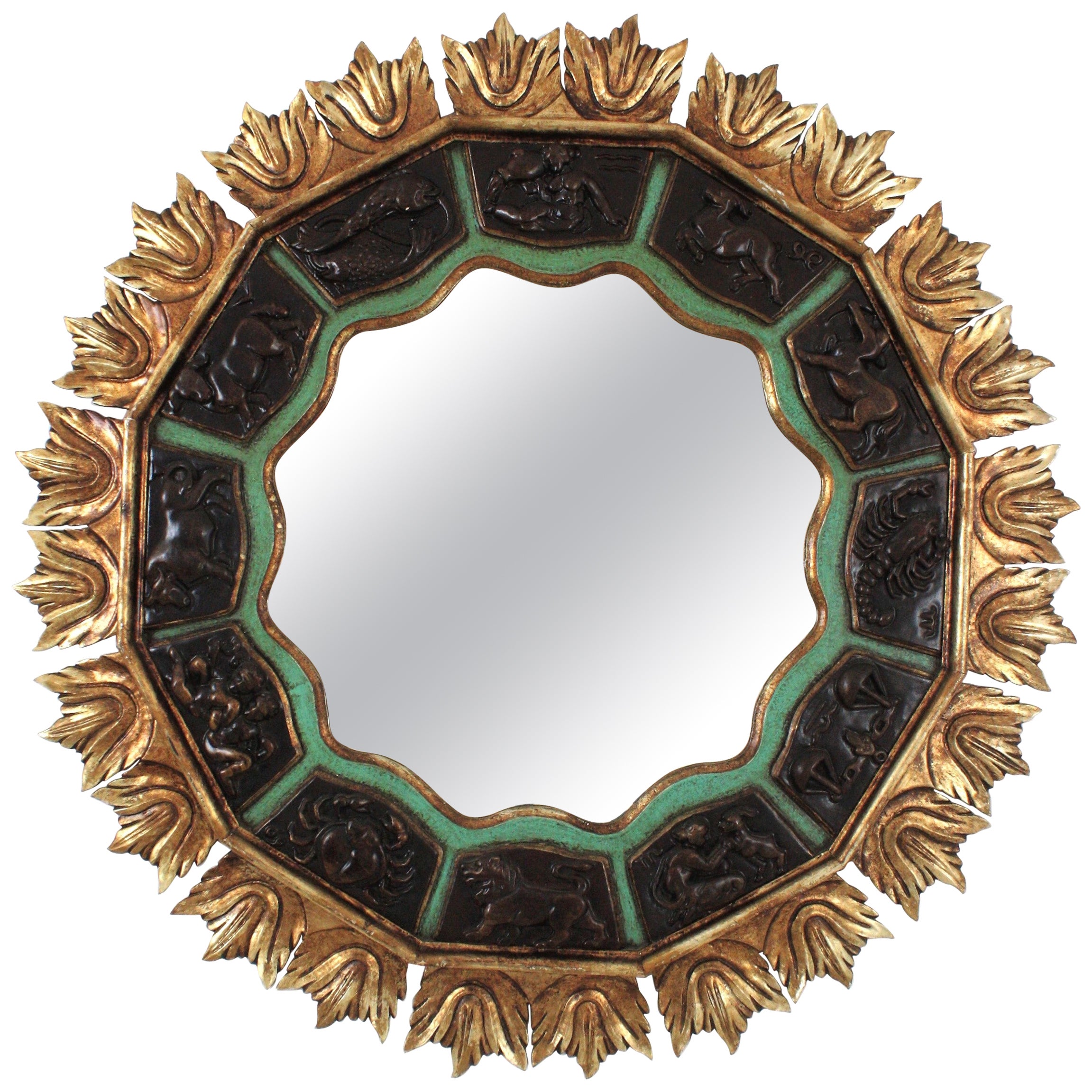 Sunburst Zodiac Mirror with Carved Giltwood & Green Frame, 1950s For Sale