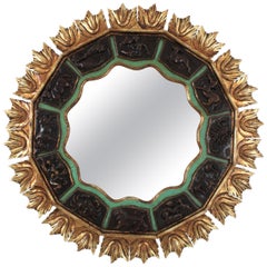 Vintage Sunburst Zodiac Mirror with Carved Giltwood & Green Frame, 1950s