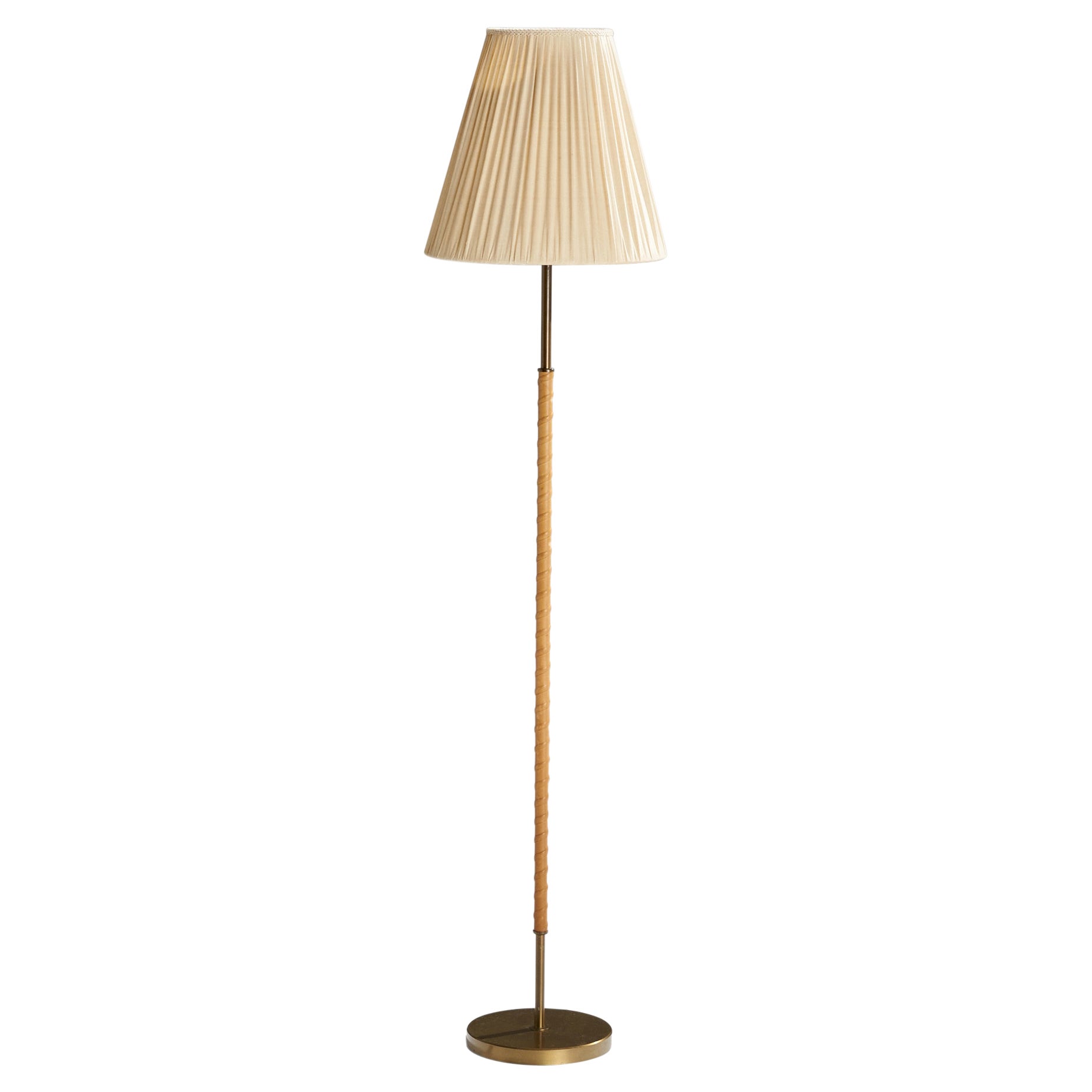 Harald Notini, Floor Lamp, Brass, Leather, Fabric, Sweden, 1940s For Sale