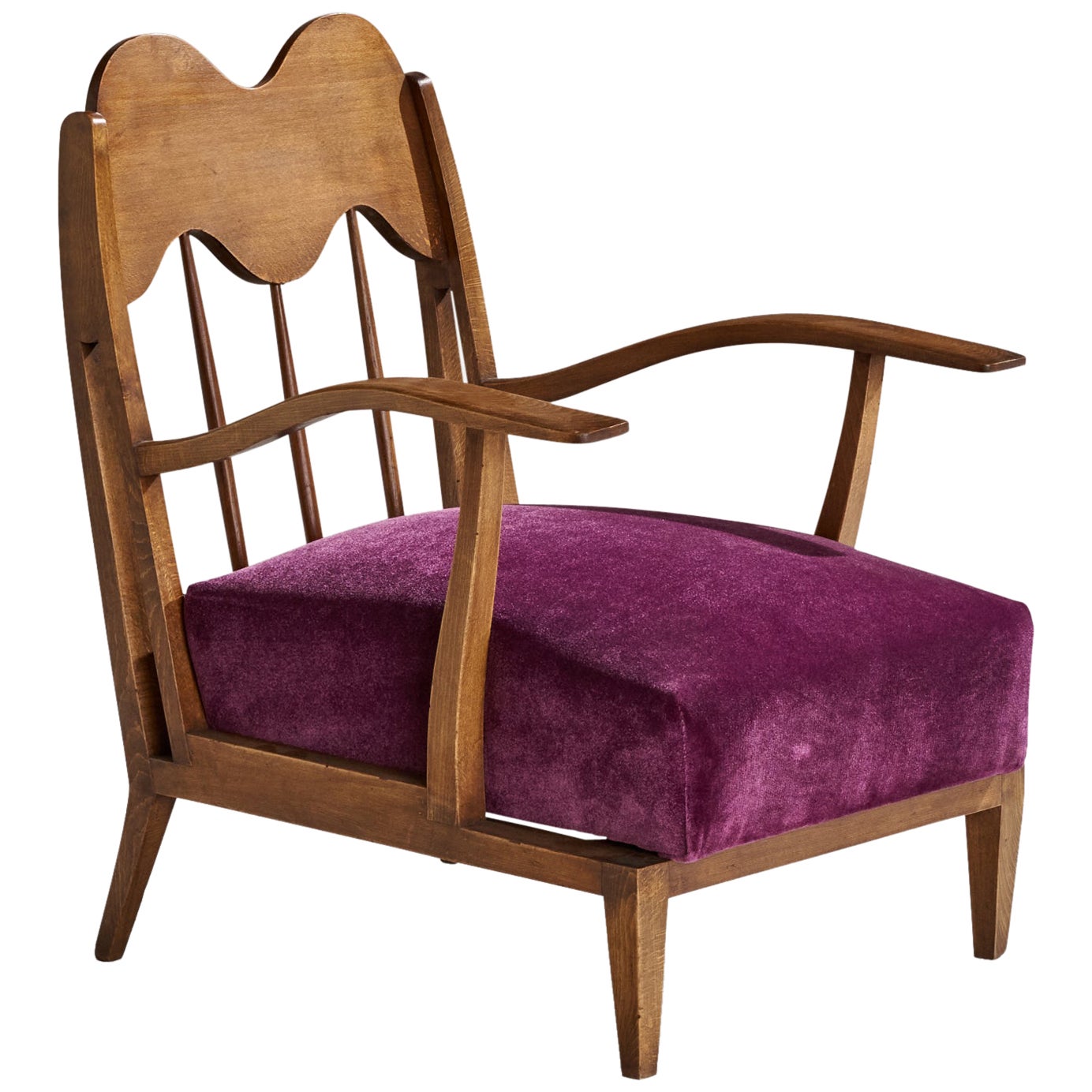 Italian Designer, Lounge Chair, Walnut, Velvet, Italy, 1940s For Sale