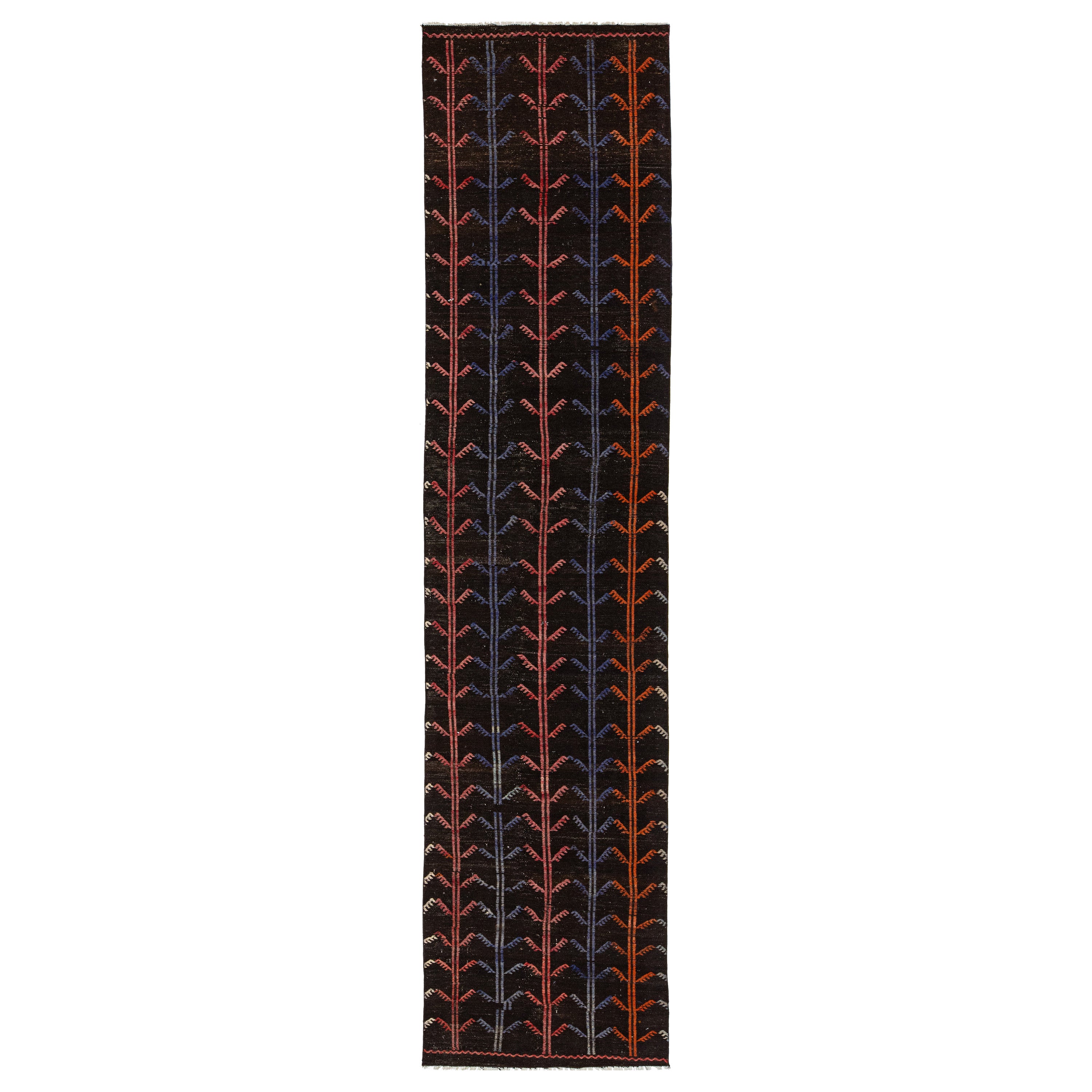Vintage Turkish Kilim Wool Rug In Dark Brown With Allover Design