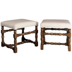 Pair of English Oak Upholstered Stools with Turned Legs and Stretchers, 1890s