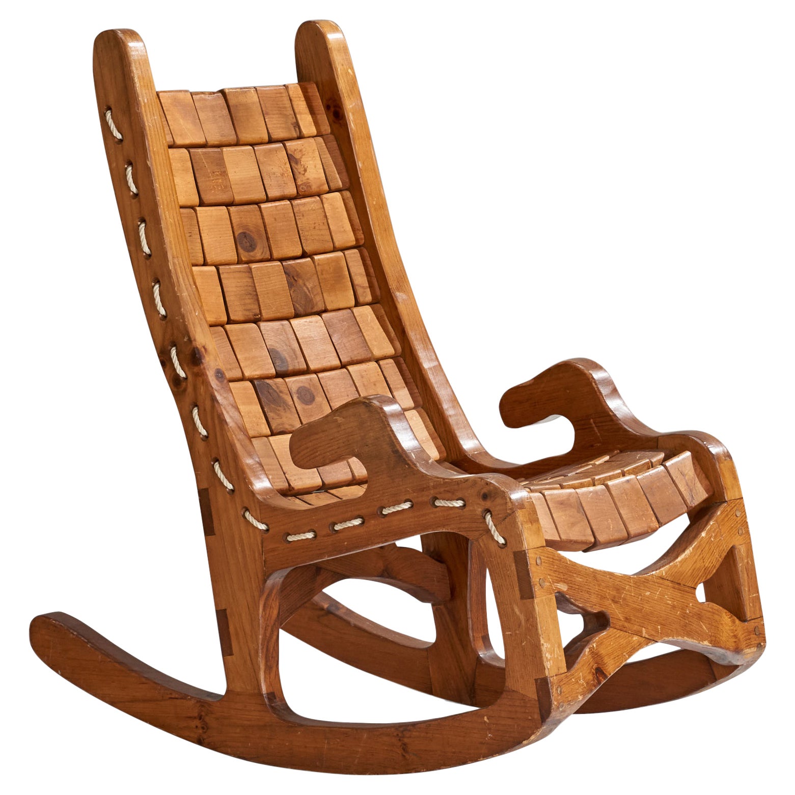 American Designer, Rocking Chair, Pine, Cord, USA, 1970s For Sale