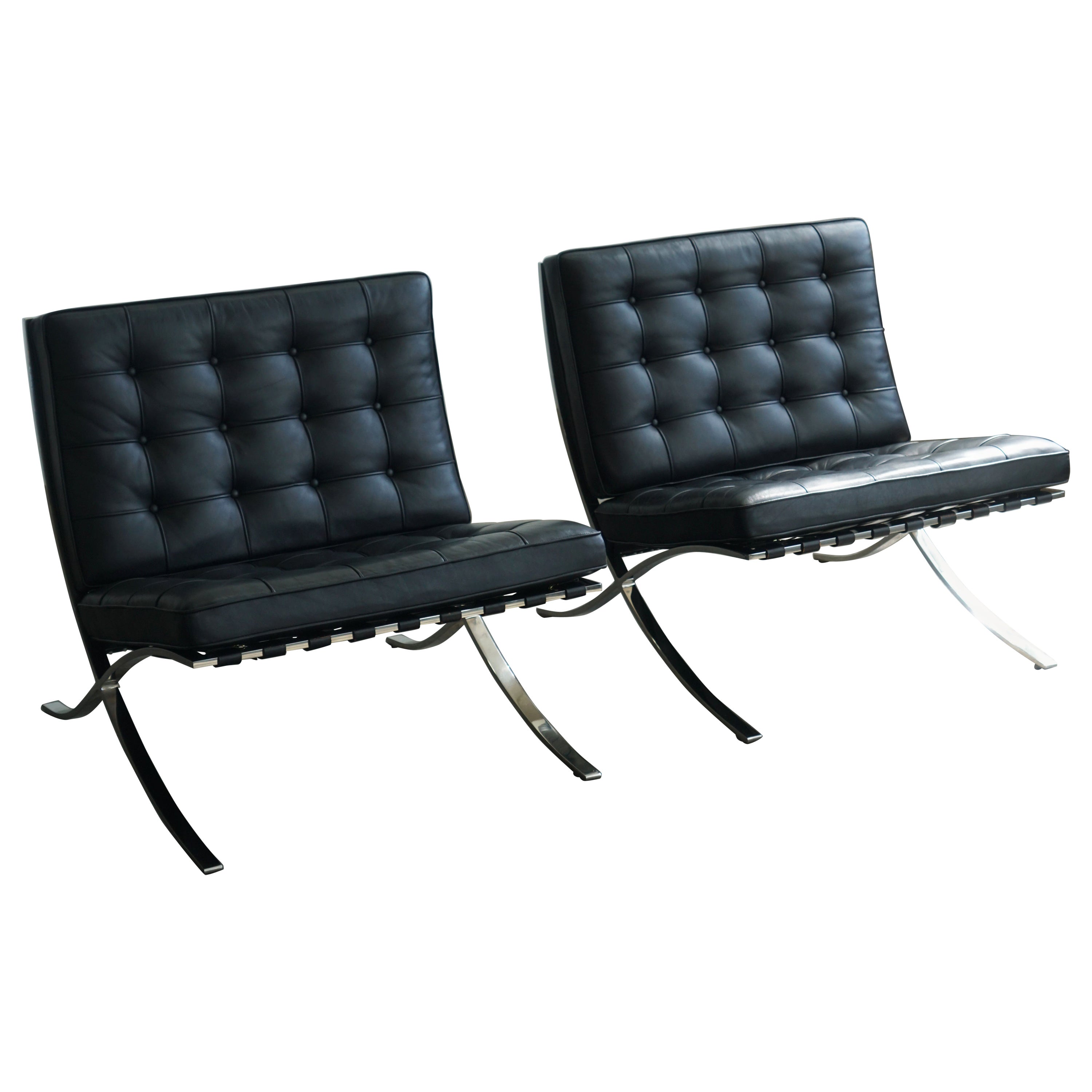 Chaises longues Knoll Barcelona par Mies van der Rohe, cuir noir  en vente