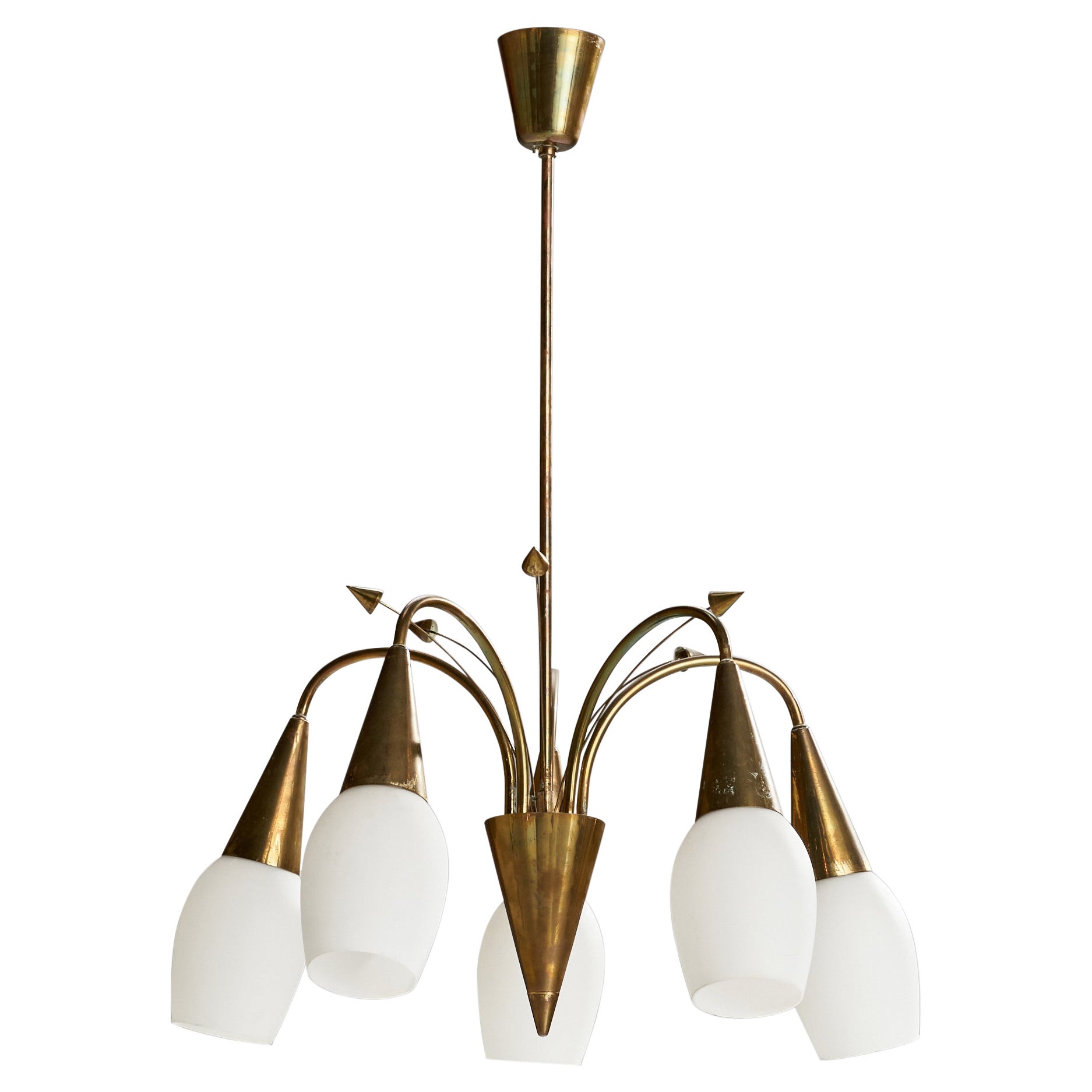 PSO, Chandelier, Brass, Glass, Finland, 1940s For Sale