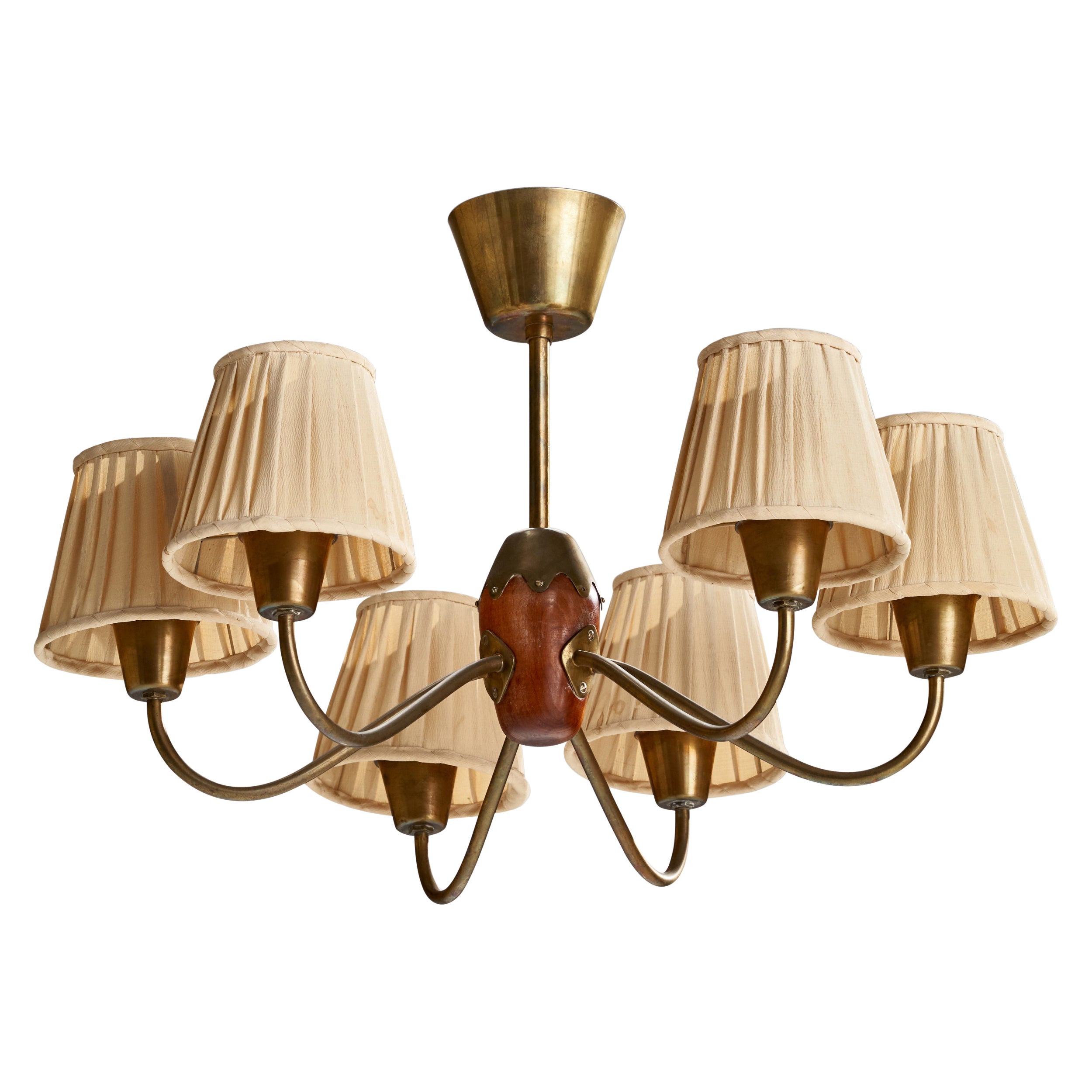 Bergboms, Chandelier, Brass, Beech, Fabric, Sweden, 1940s For Sale