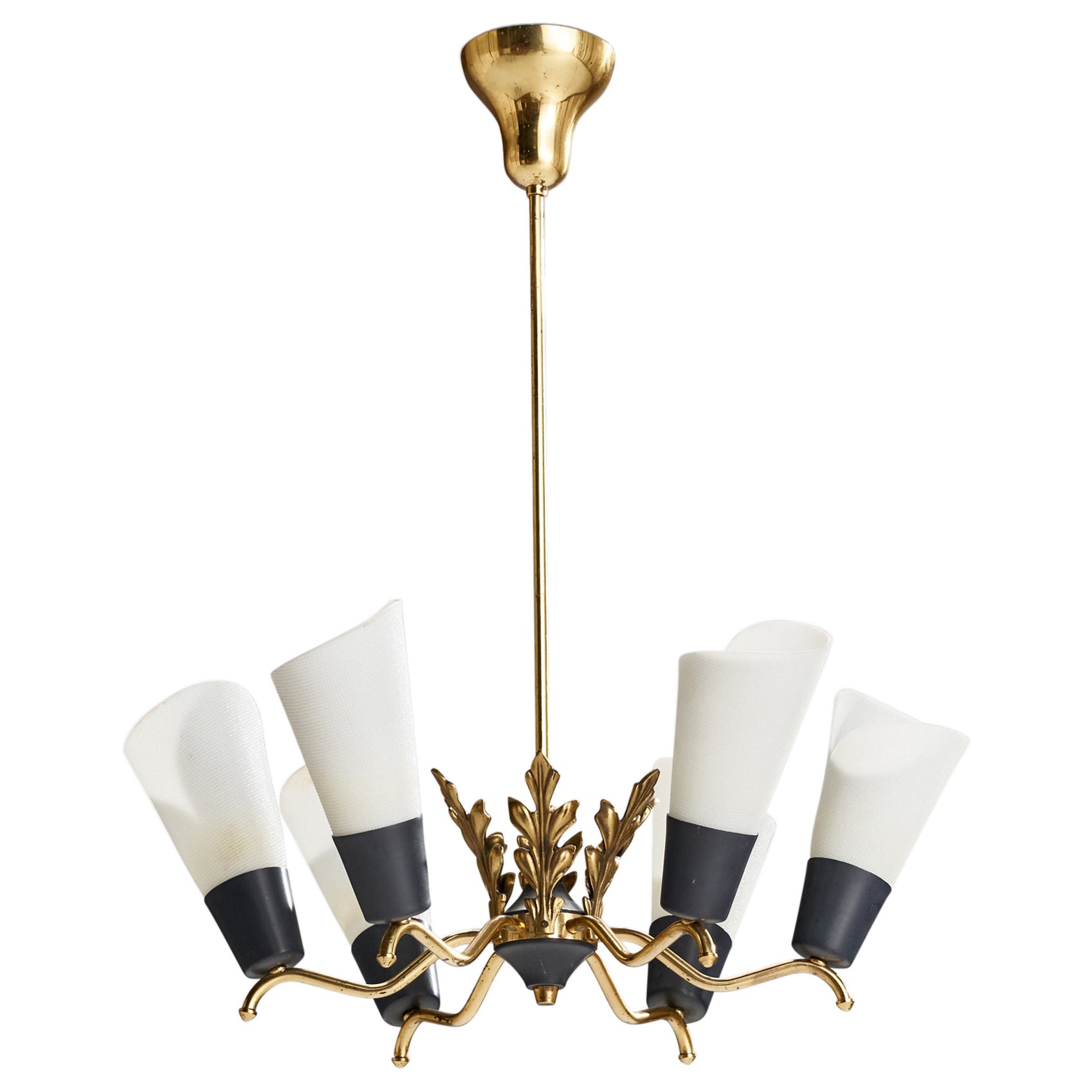 Swedish Designer, Chandelier, Brass, Metal, Acrylic, Sweden, 1950s For Sale