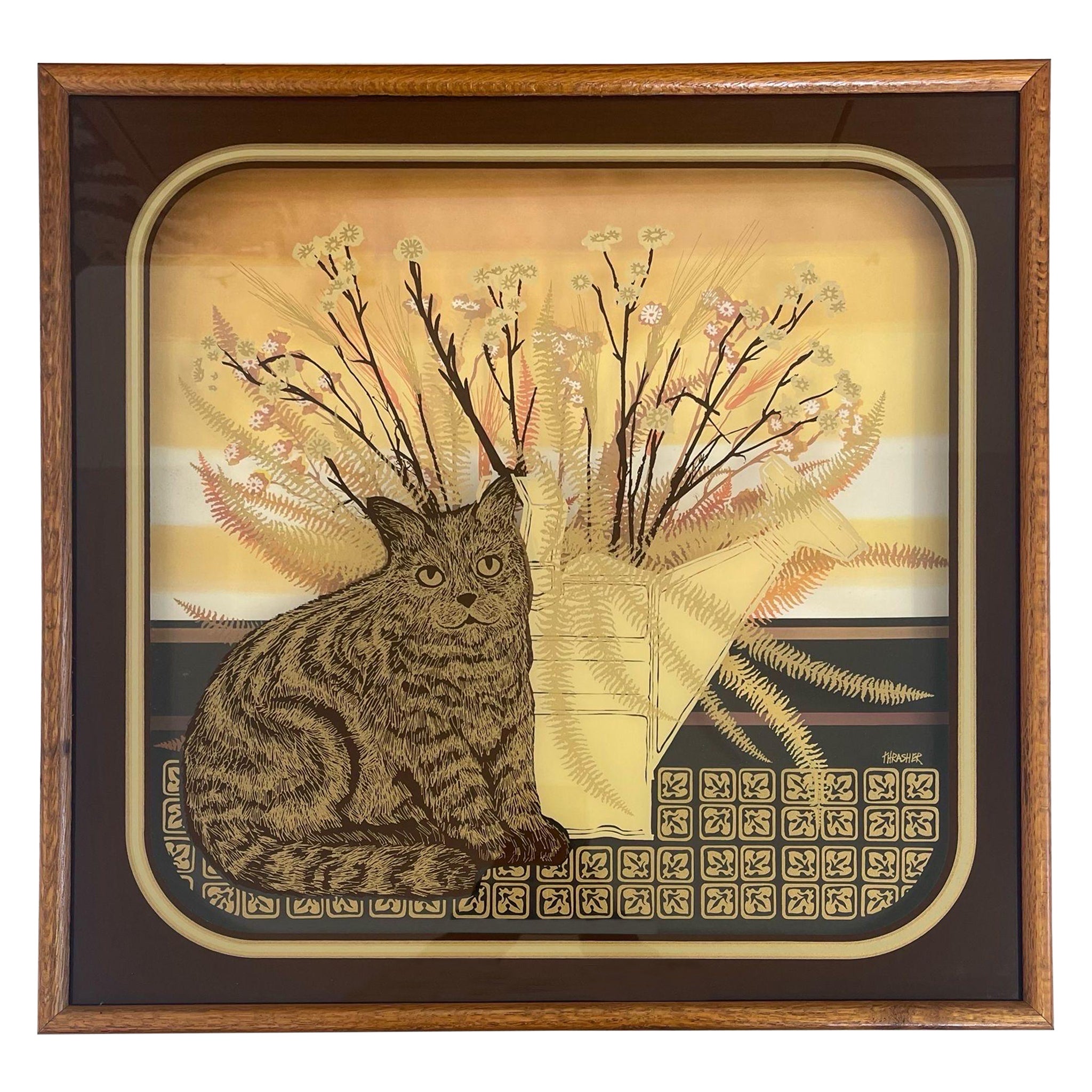 Vintage gerahmt und signiert Mid Century Kunstwerk von Virgil Thrasher Schatten Box Katze im Angebot