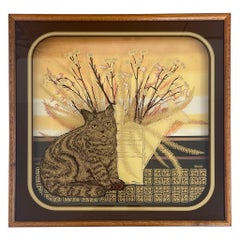Vintage gerahmt und signiert Mid Century Kunstwerk von Virgil Thrasher Schatten Box Katze