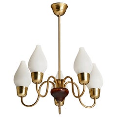 Vintage Swedish Designer, Chandelier, Brass, Wood, Glass, Sweden, 1940s