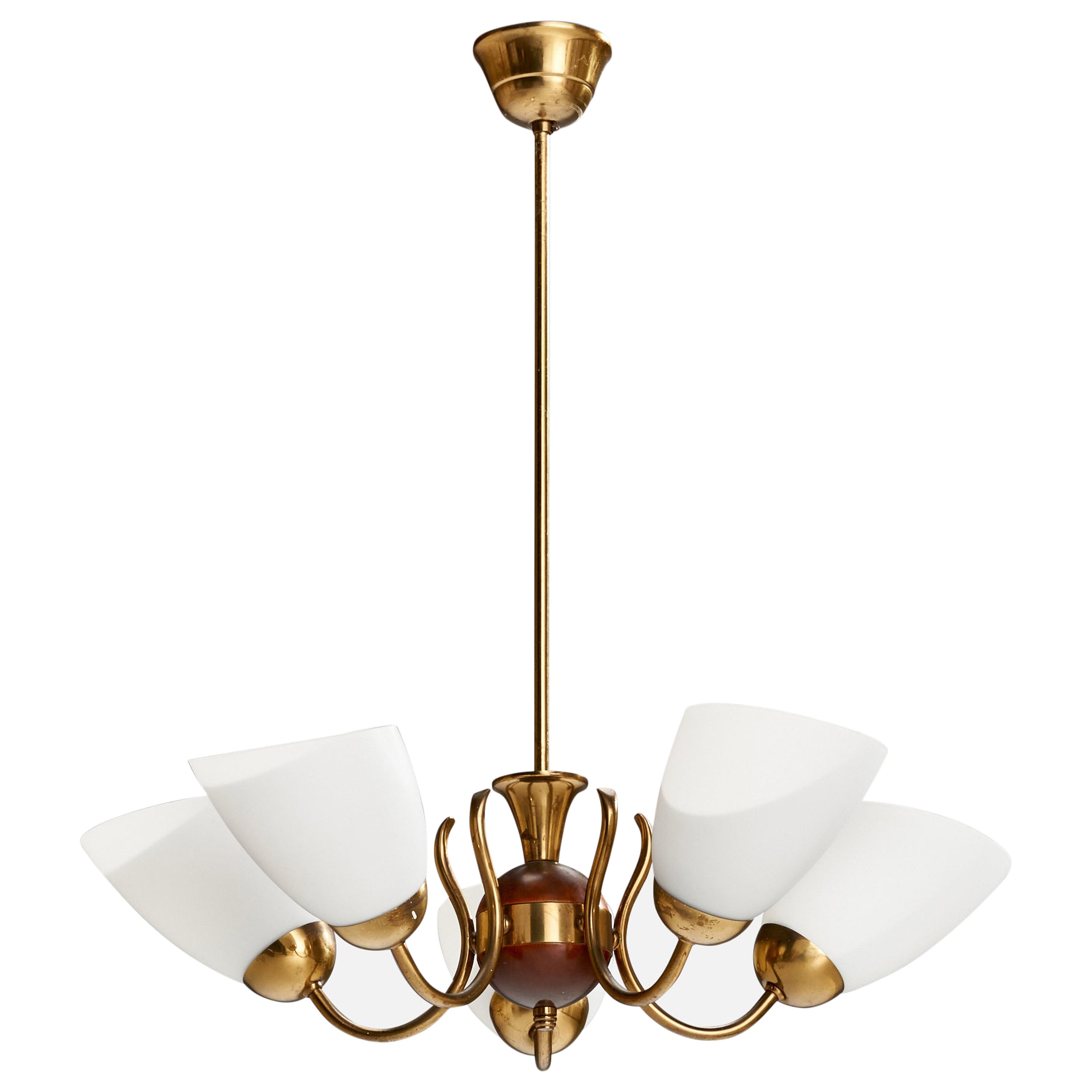 Swedish Designer, Chandelier, Brass, Wood, Glass, Sweden, 1940s For Sale