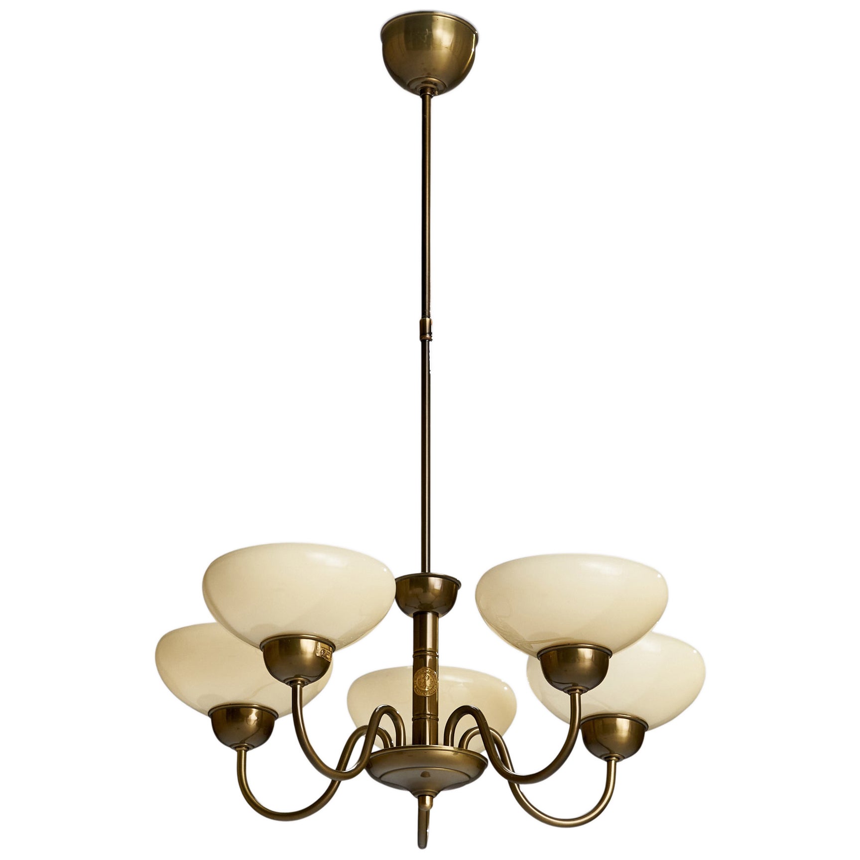 Karlskrona Lampfabrik, Chandelier, Brass, Glass, Sweden, 1970s For Sale