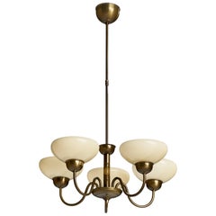 Karlskrona Lampfabrik, Chandelier, Brass, Glass, Sweden, 1970s