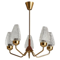 Swedish Designer, Chandelier, Brass, Glass, Oak, Sweden, 1950s