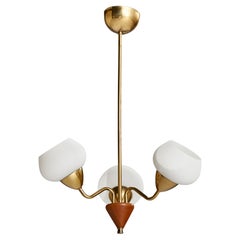 Swedish Designer, Chandelier, Brass, Oak, Glass, Sweden, 1950s