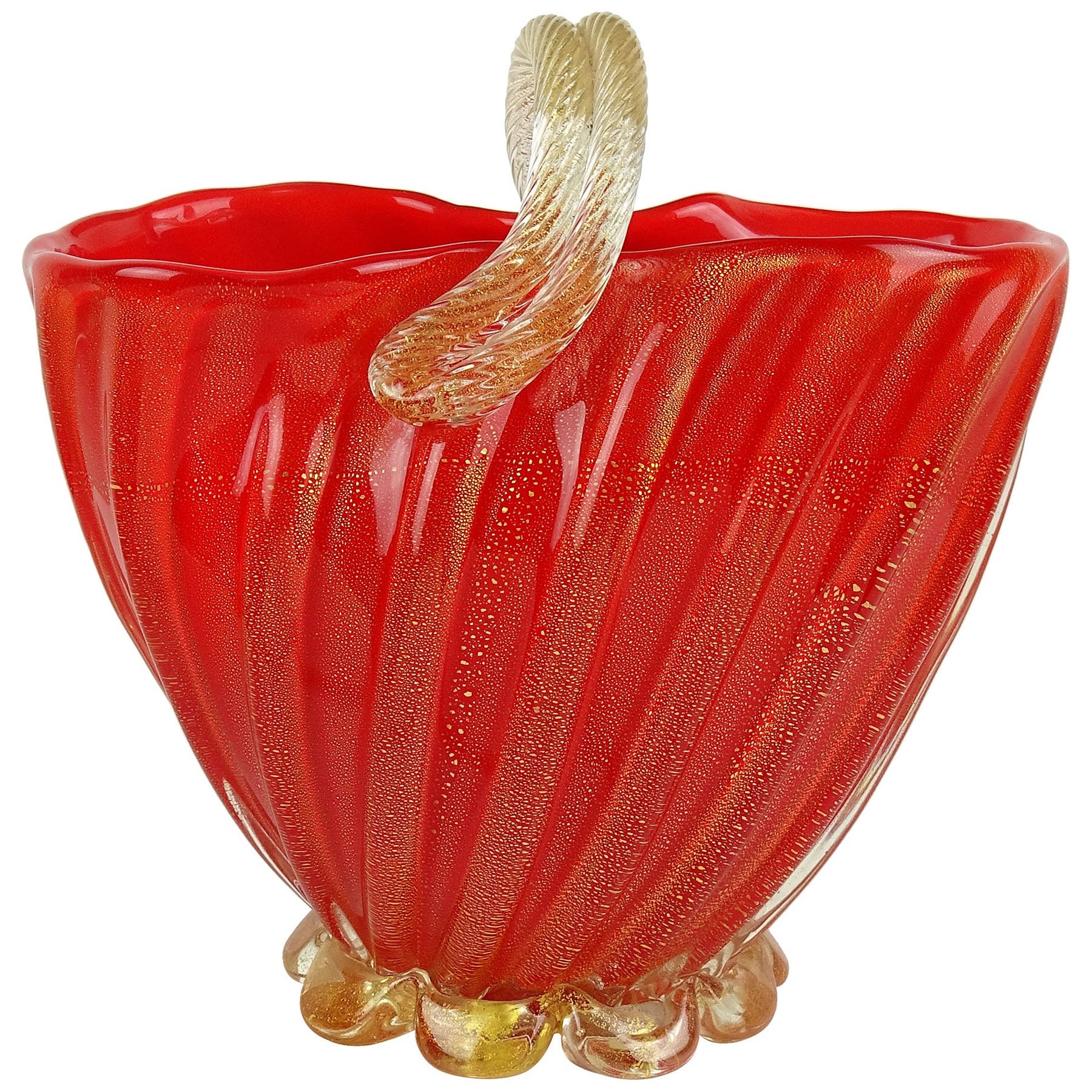 Seguso Murano 1950s Coral Red Gold Flecks Italian Art Glass Flower Basket Vase For Sale