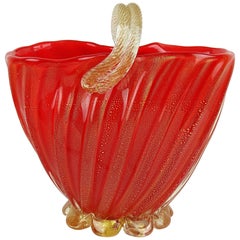 Seguso Murano 1950s Coral Red Gold Flecks Italian Art Glass Flower Basket Vase