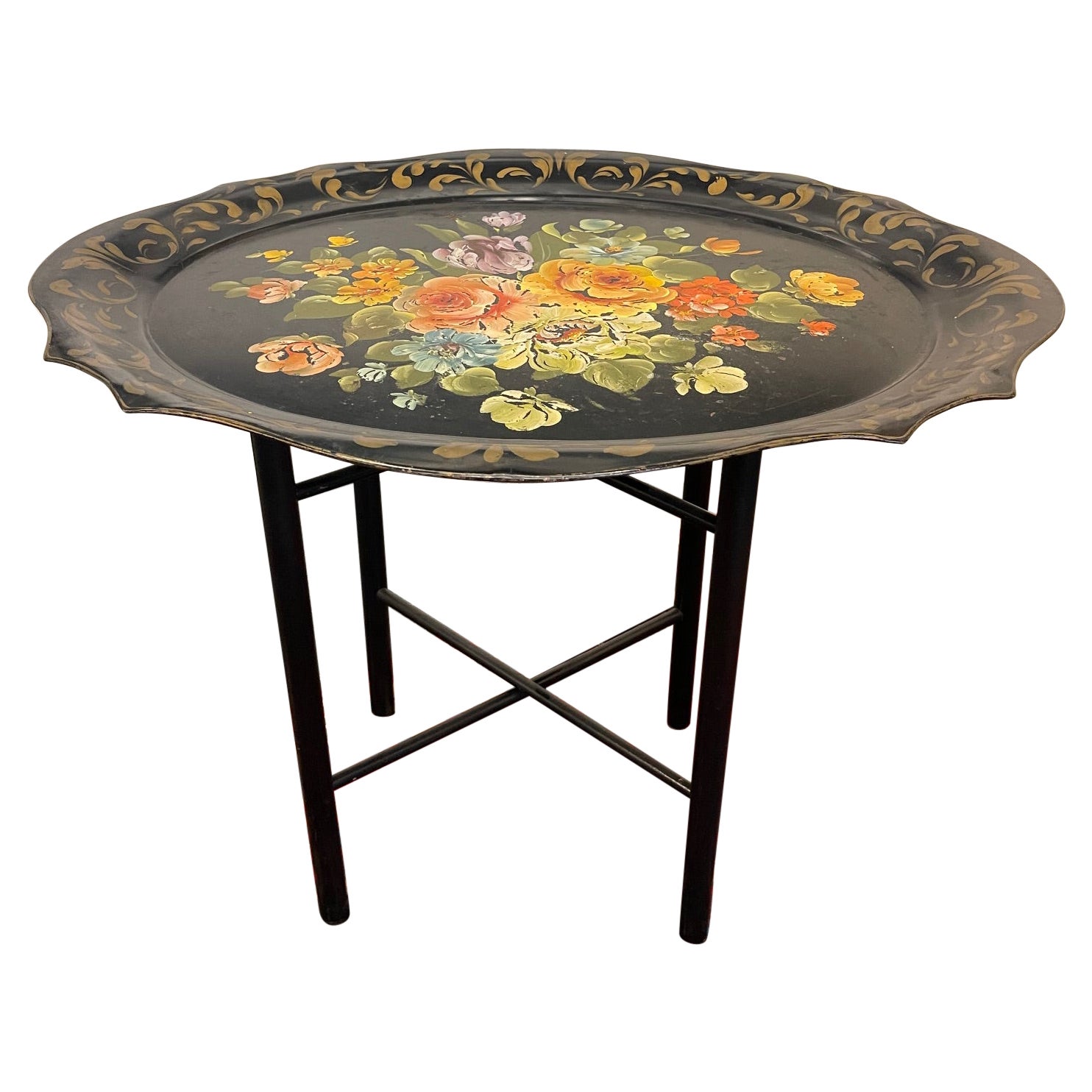 French Tole Tray Table with Flower Design, 19th Century For Sale