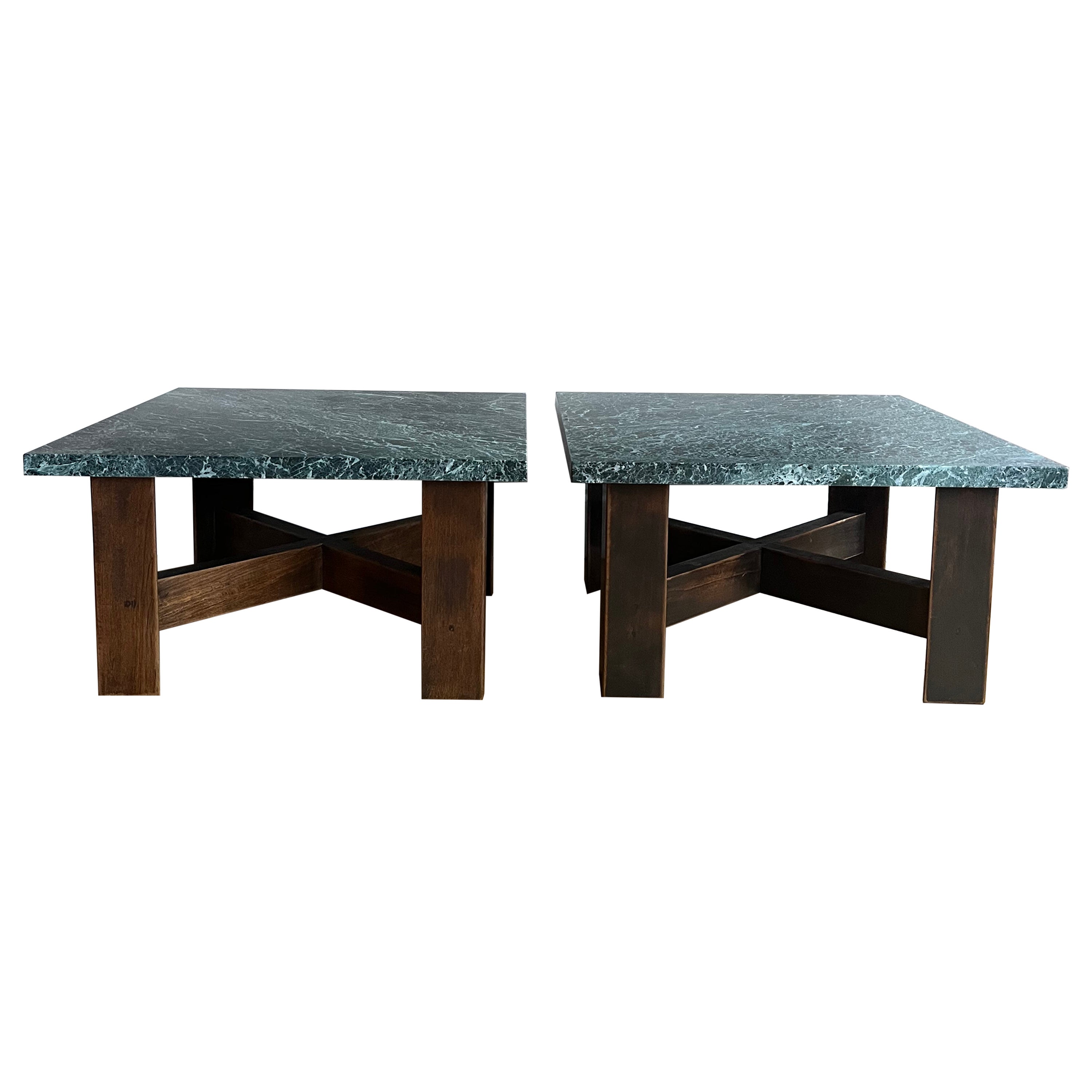 Pair of 1970’s wood and marble side tables For Sale