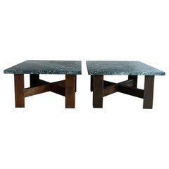 Retro Pair of 1970’s wood and marble side tables