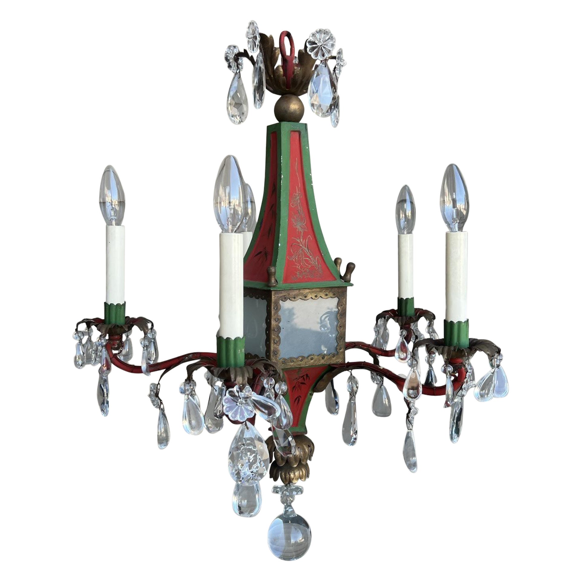 Brighton Pavilion Style Chinoiserie Decorated Tole & Crystal Chandelier