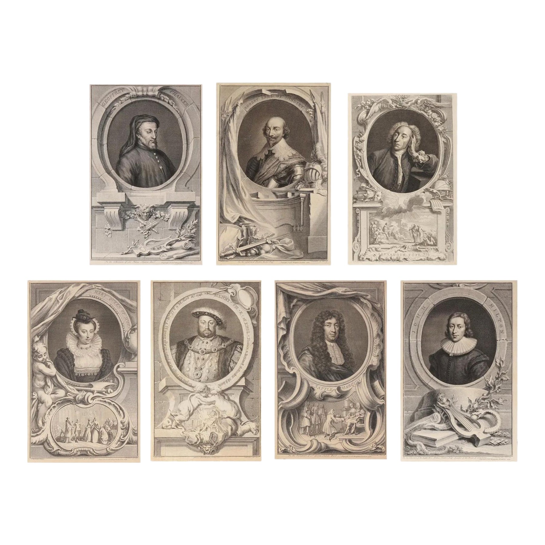Jacobus Houbraken Set of Seven Portraits From Heads of Illustrious For Sale