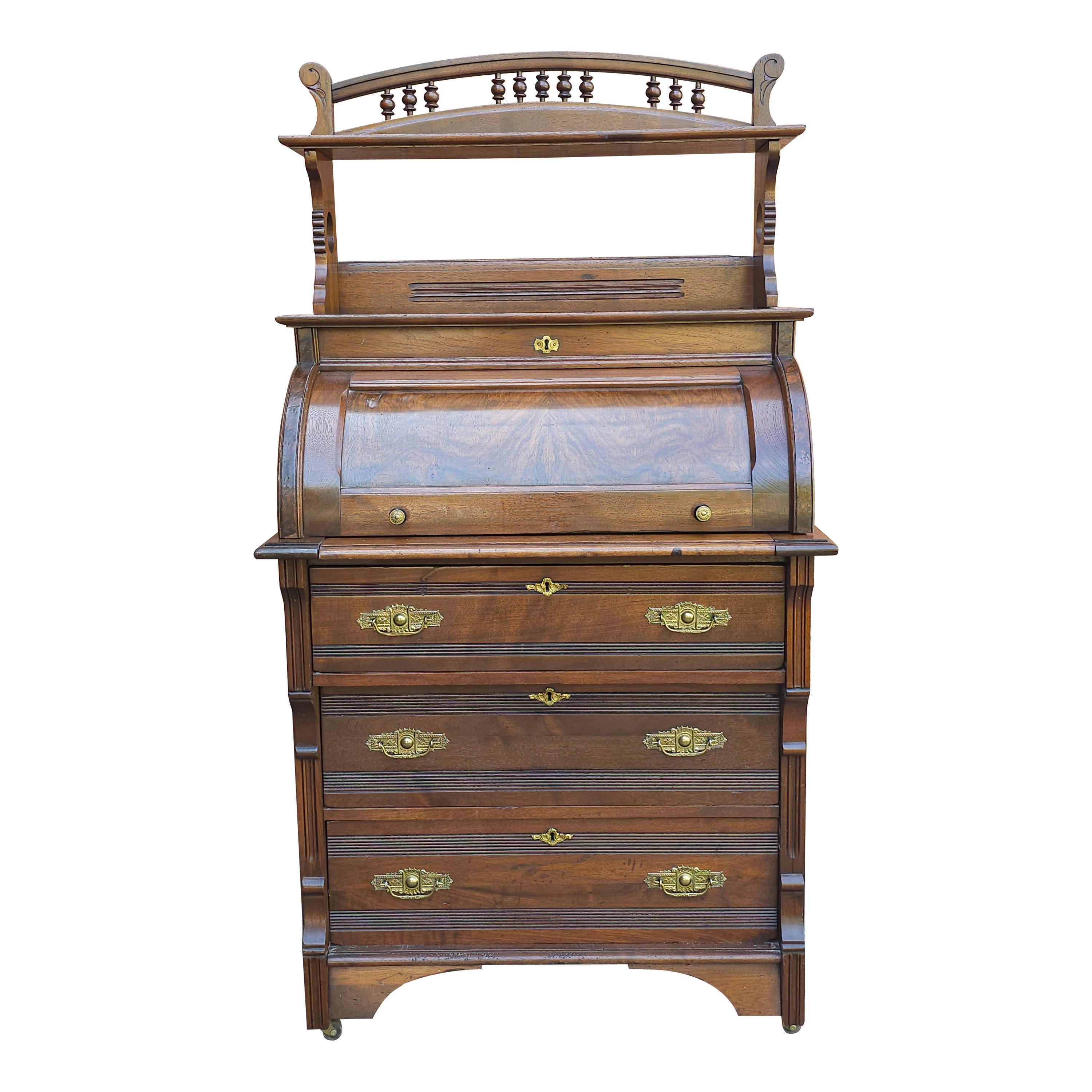 Late 19th C. Four-Part Handcrafted Victorian Walnut Cylinder Front Rolling Desk For Sale
