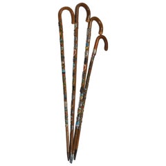 4 Vintage German Souvenir Hiking Badge Walking Sticks Canes 32" - 37"