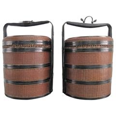 Antique Pair of 19th Century Chinese Round Silk Bamboo Woven Wedding Food Basket