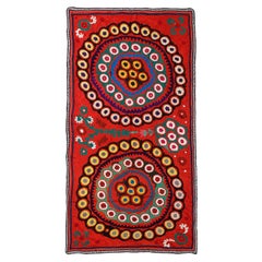 Vintage 3.8x7.3 Ft Red Wall Decor, Silk Embroidered Wall Hanging, Needlework Table Cover