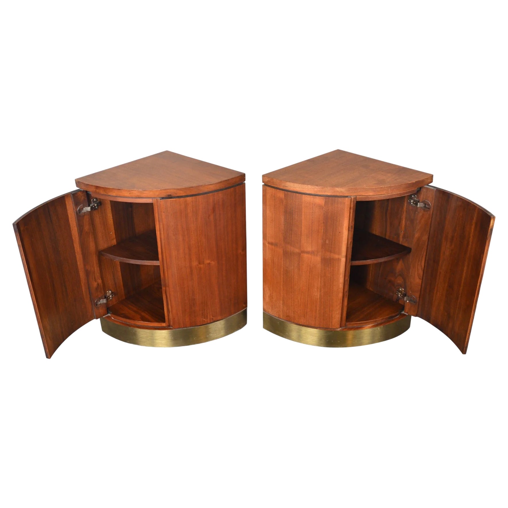 Pair Of Walnut + Brass Corner Units / Nightstands For Sale