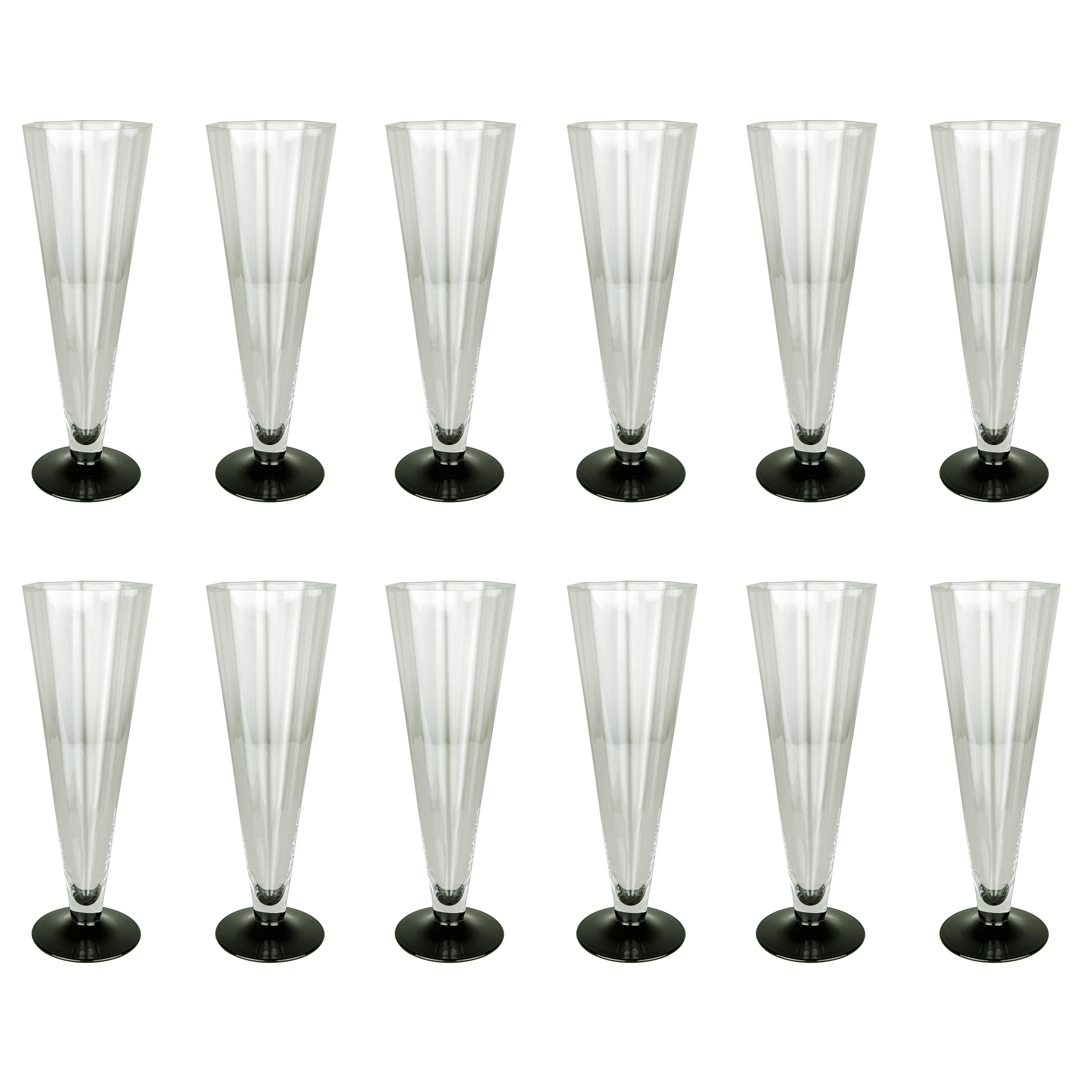 Clear & black Murano Glass ottagonali serie flutes by Carlo Moretti, 1974 For Sale