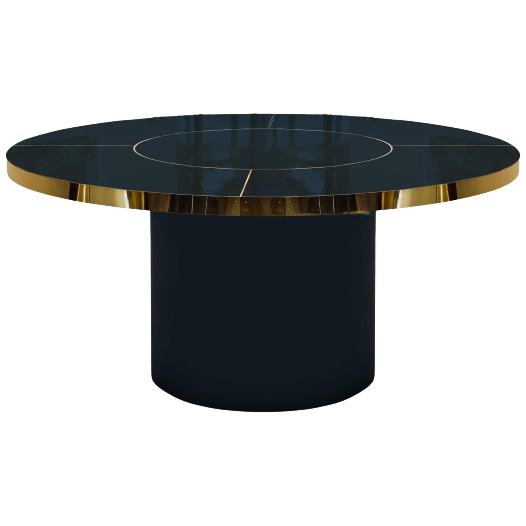 Night Sea, Navy Blue Round Table in High Gloss Laminate & Brass Marquetry XL For Sale