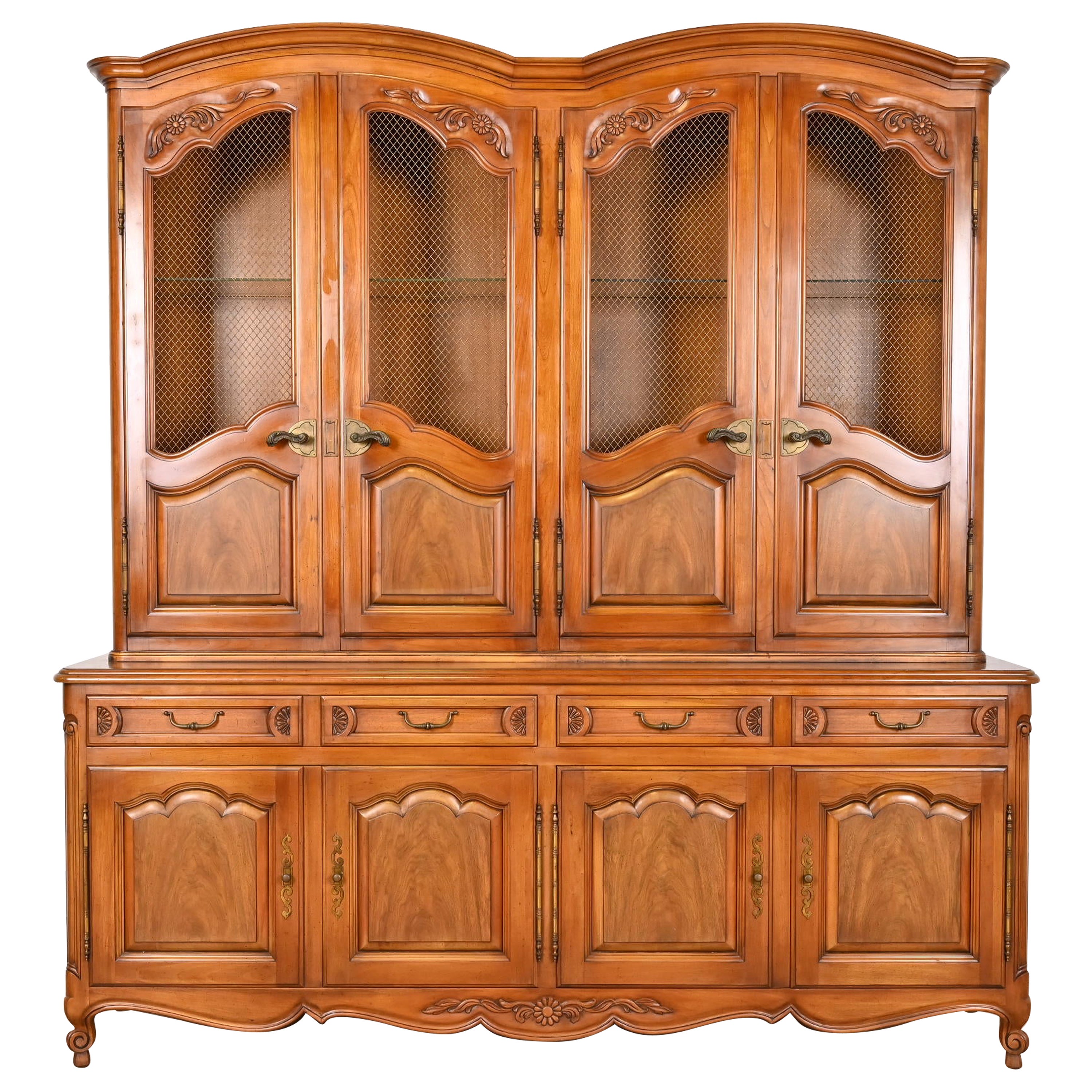 John Widdicomb French Provincial Louis XV Cherry Breakfront Bookcase Cabinet For Sale