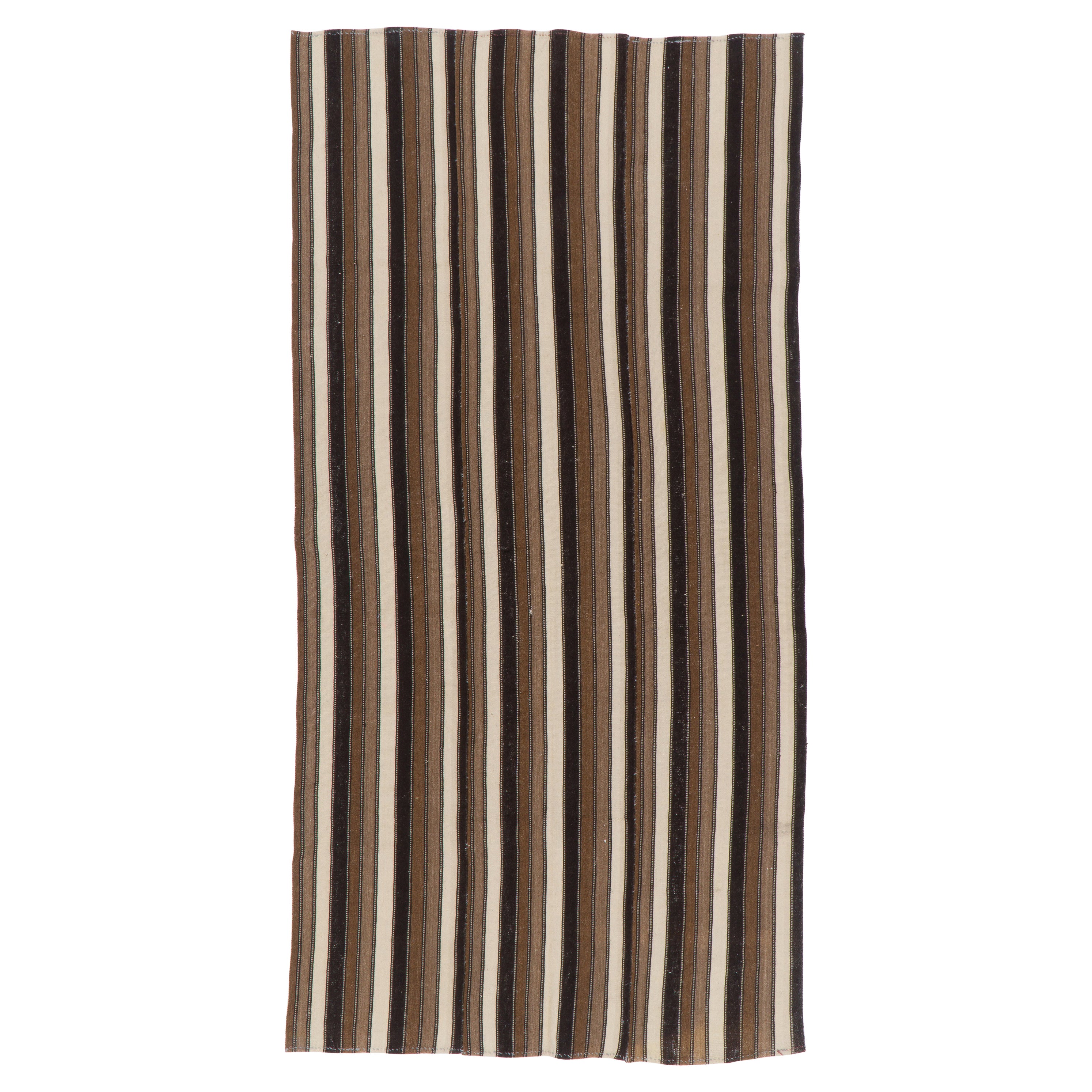 5x9.2 Ft Vintage Striped Turkish Kilim Rug, 100% Wool, Reversible, Brown & Beige For Sale