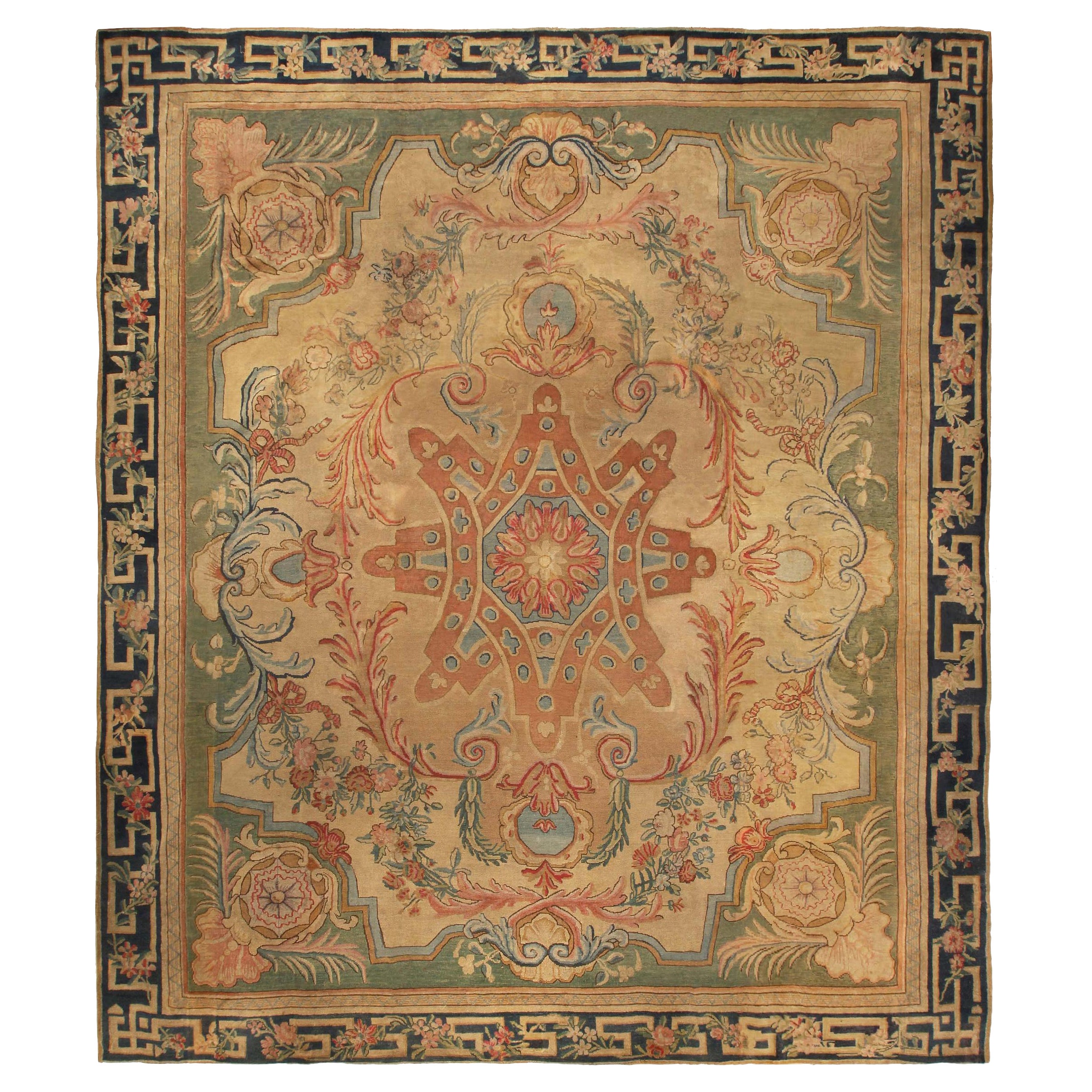 Large Authentic Savonnerie Bold Handmade Wool Rug For Sale