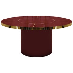 Table ronde bourguignonne en stratifié brillant et marqueterie de laiton XXL