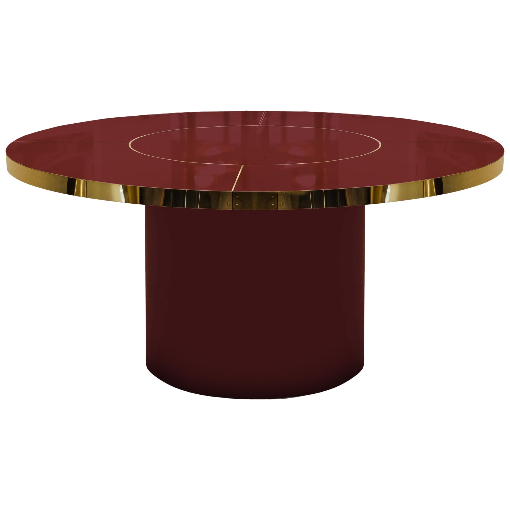 Runder Tisch in Burgunderrot aus hochglänzendem Laminat und Messing mit Intarsien, L im Angebot