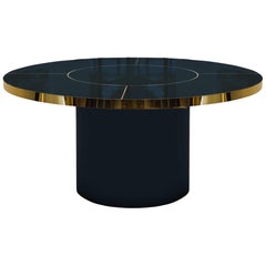 Night Sea, Navy Blue Round Table in High Gloss Laminate & Brass Marquetry M