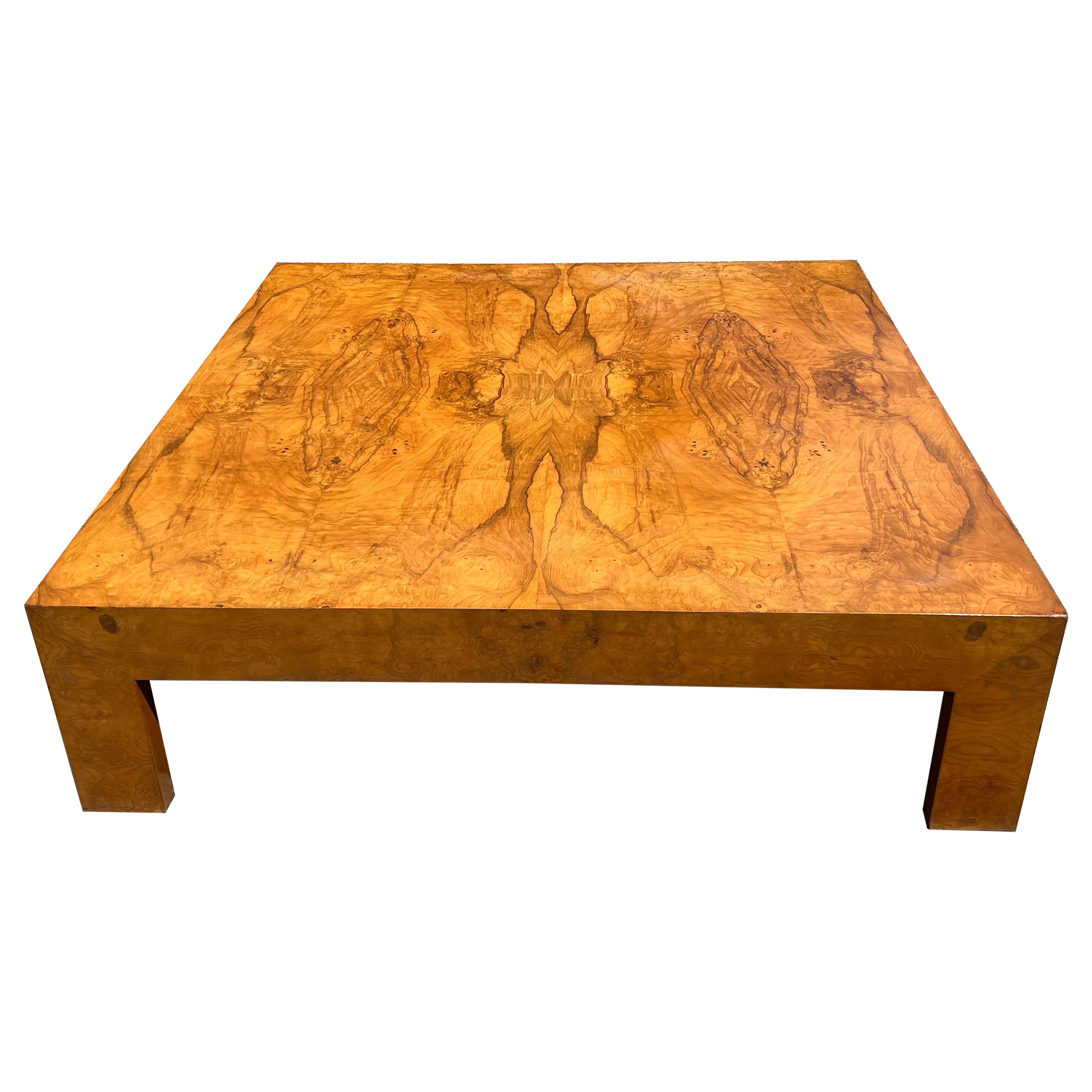 Milo Baughman Attributed Large Scale Burlwood Coffee Table For Sale