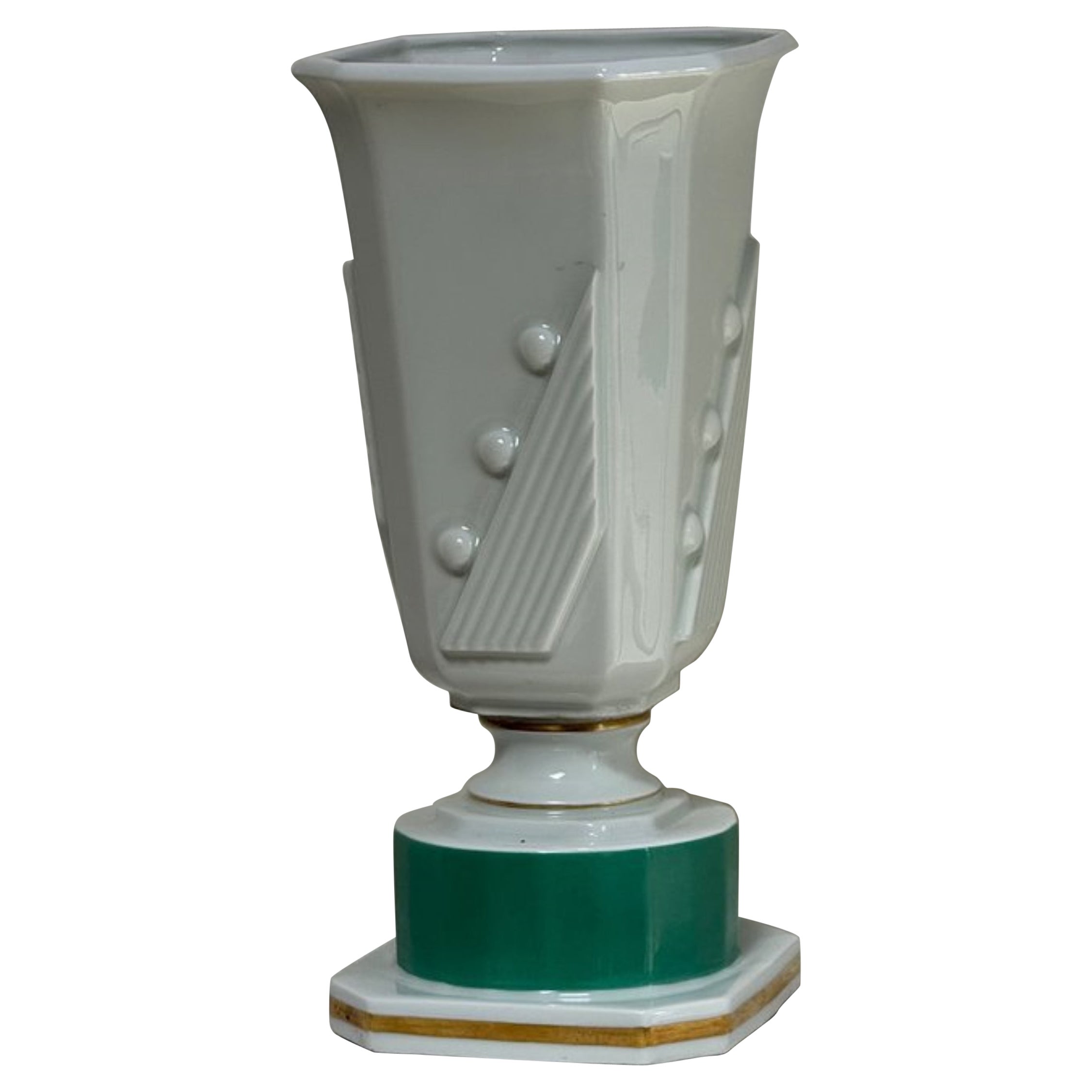 Vintage Art Deco Green And White Ceramic Lamp For Sale