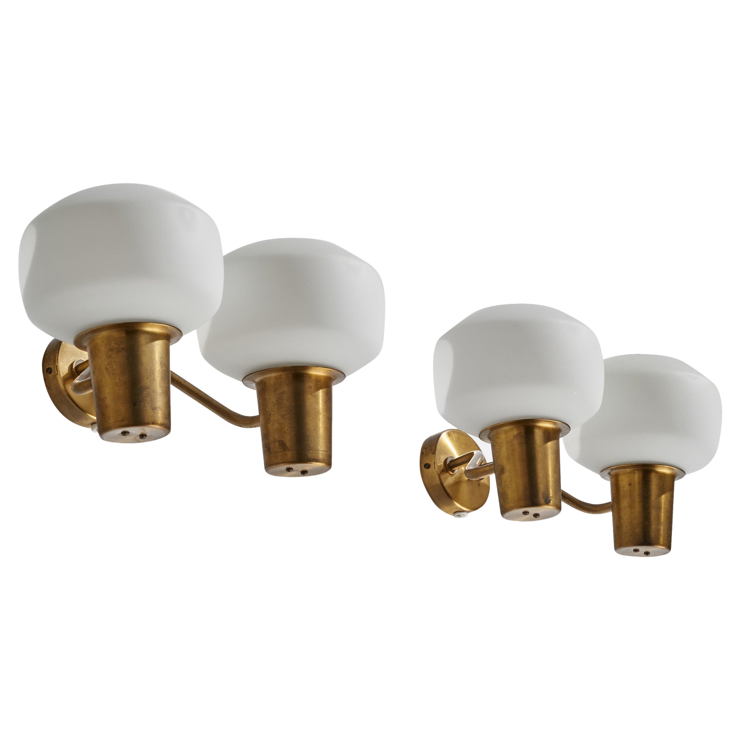 Swedish Designer, Wall Lights, Brass, Glass, Sweden, 1950s For Sale