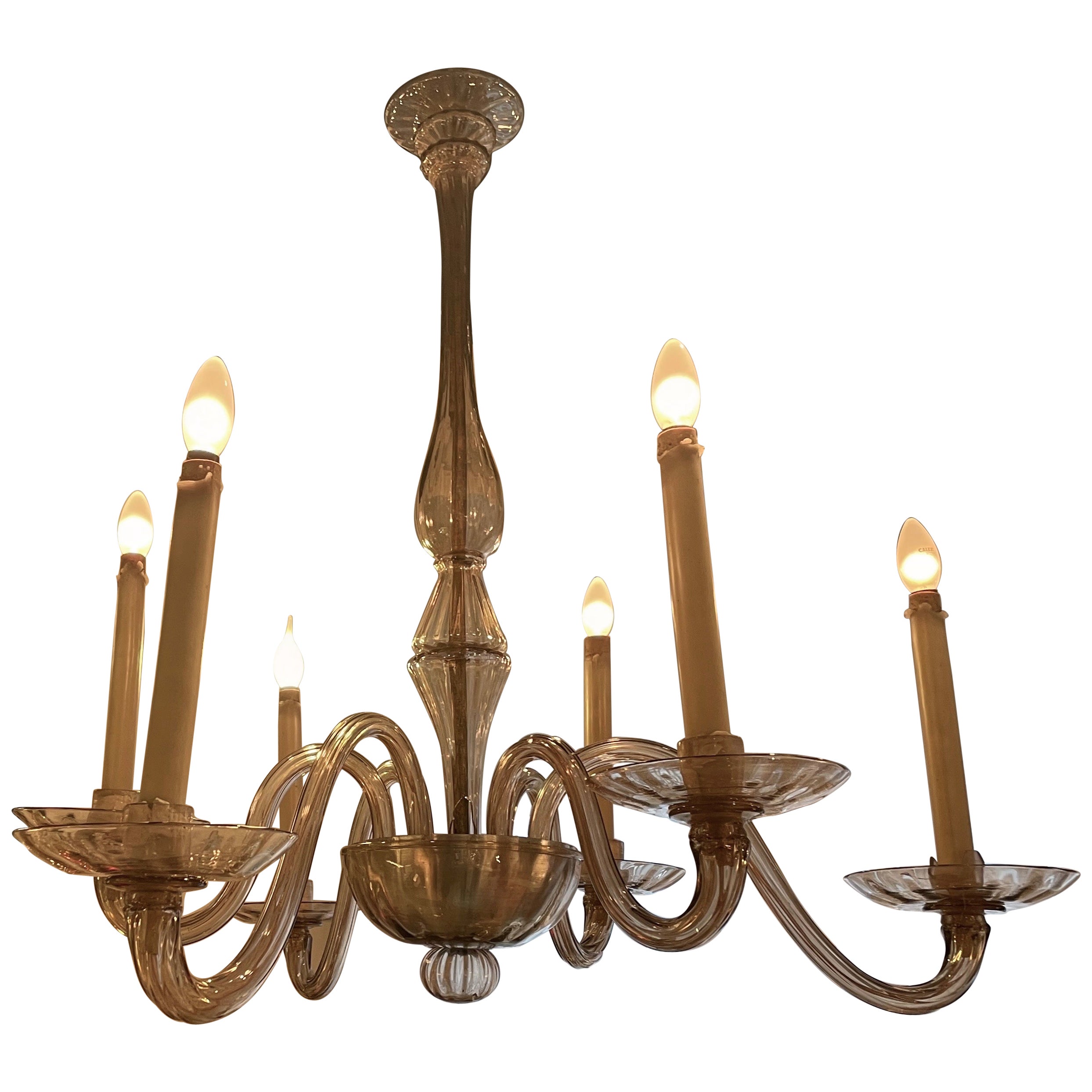 Elegant Six Arms Amber Chandelier by Venini, Italy 1930. For Sale