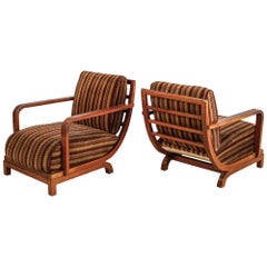 Pair of Large Art Deco Mahogany and Velour Lounge Chairs, Sweden, 1930s