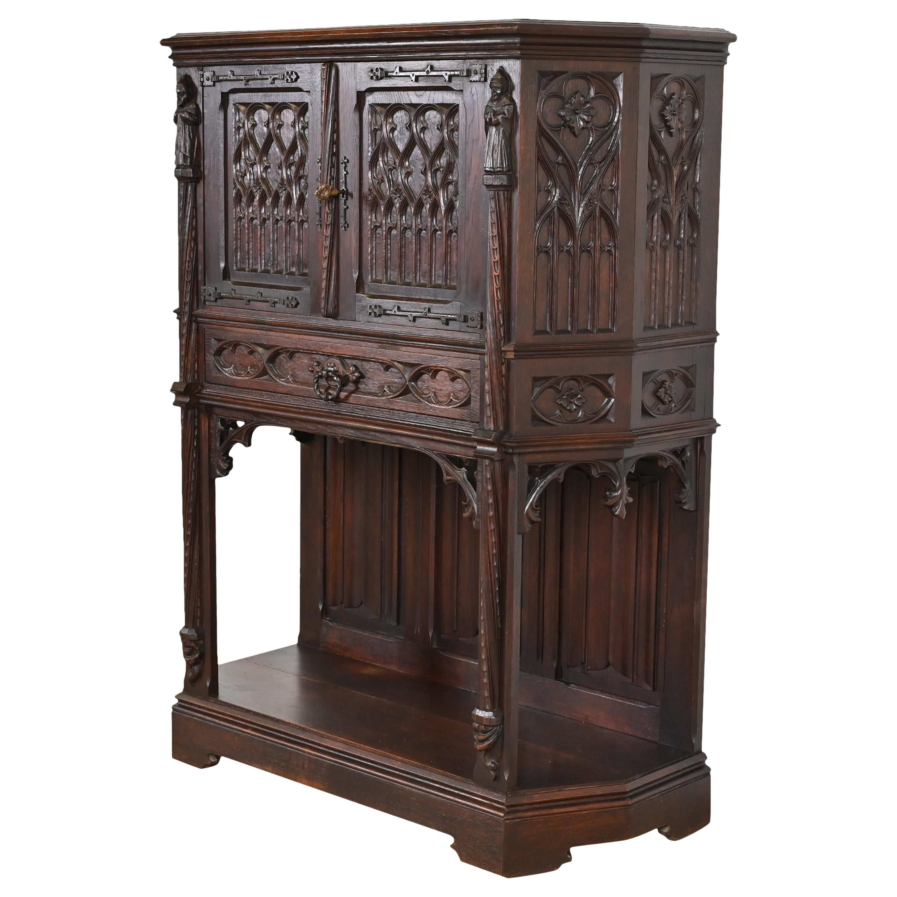 19th Century Belgian Gothic Revival Carved Dark Oak Bar Cabinet For Sale